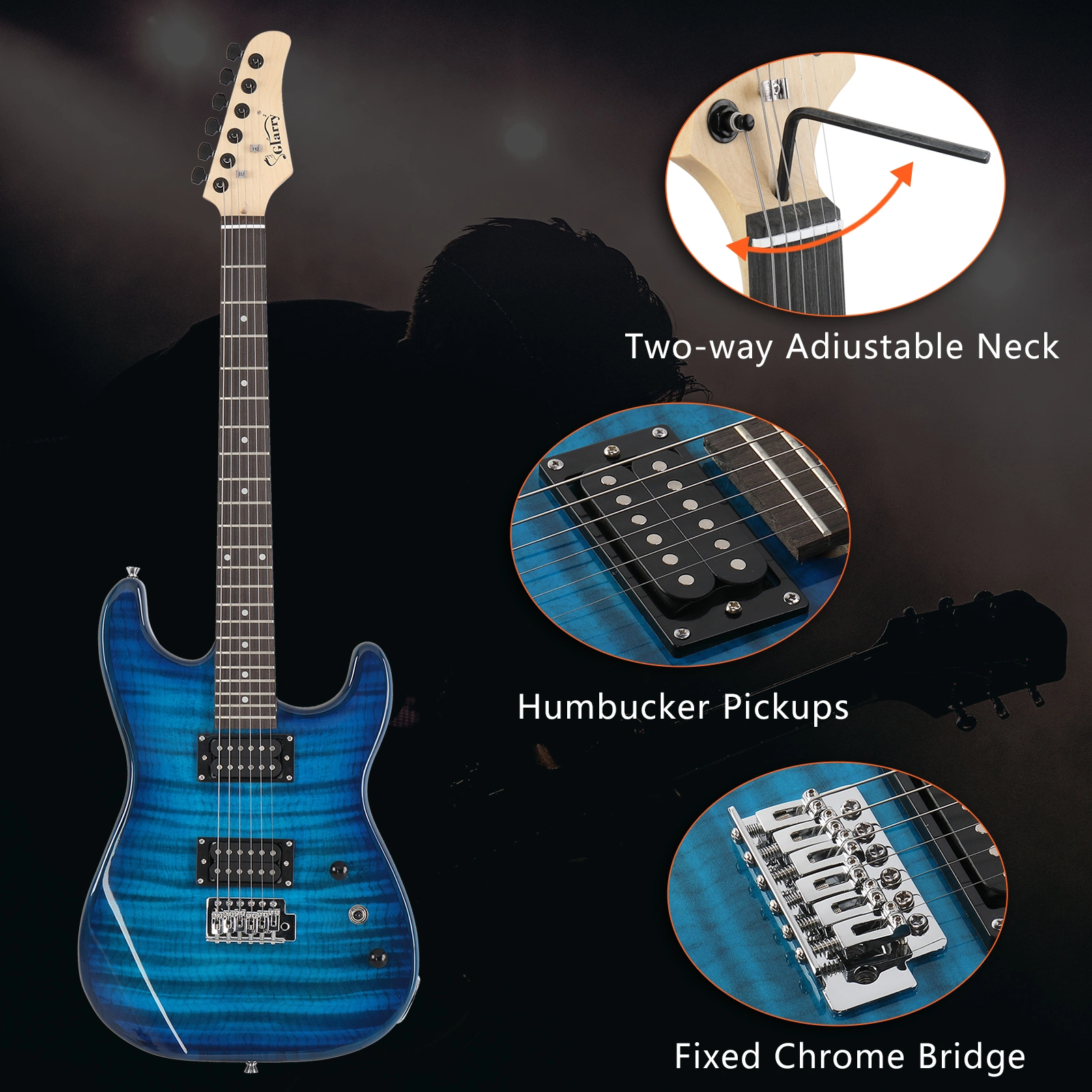 GST Tiger Stripe Electric Guitar Kit H-H Pickup 20W Amp Bag Strap Bundle, Blue view 16