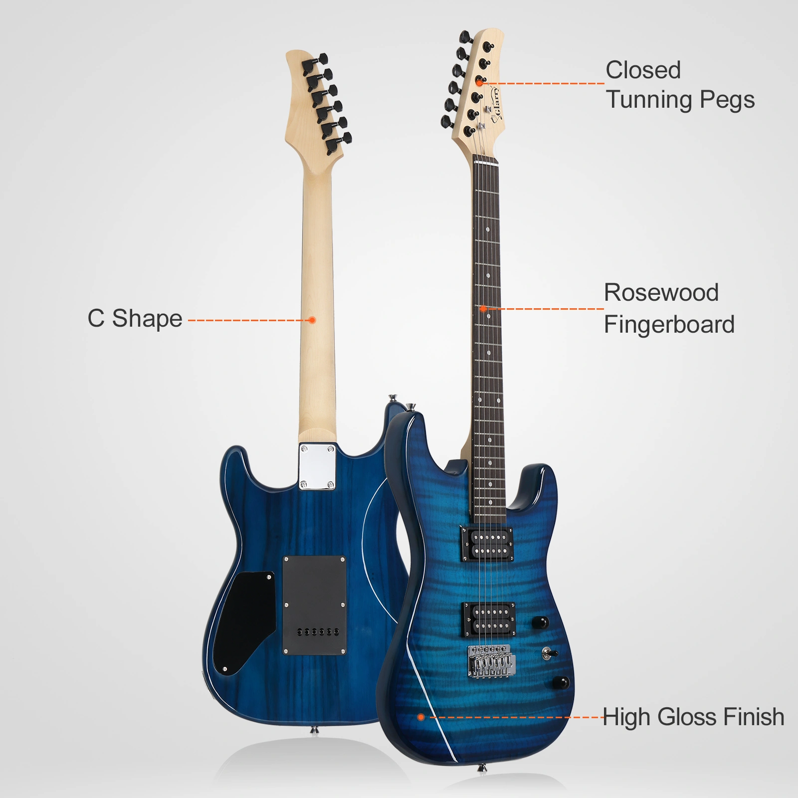 GST Tiger Stripe Electric Guitar Kit H-H Pickup 20W Amp Bag Strap Bundle, Blue view 3