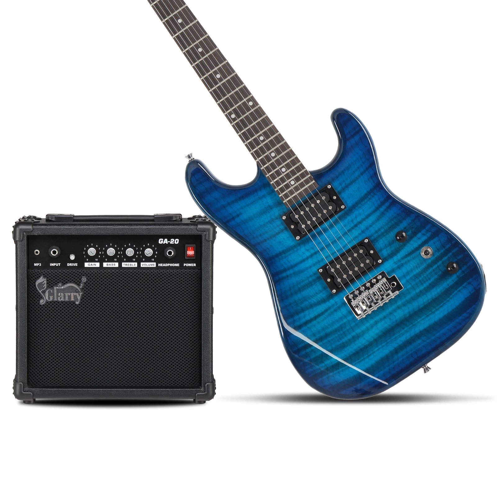 GST Tiger Stripe Electric Guitar Kit H-H Pickup 20W Amp Bag Strap Bundle, Blue view 4