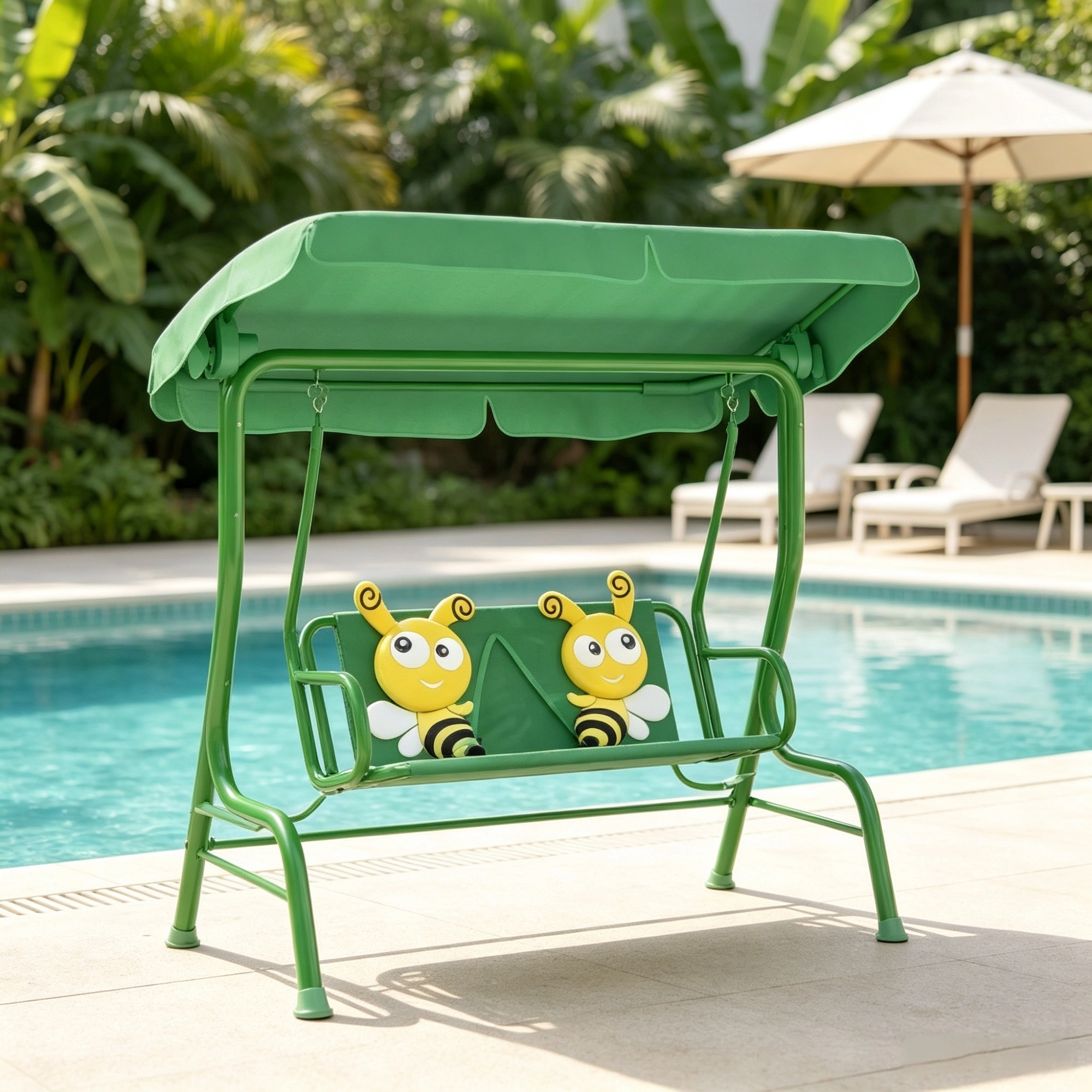Kids Outdoor Swing Chair with Canopy & Safety Belt, Dark Green, Adjustable Hanging Chair for Patio Garden Pool Balcony view 7