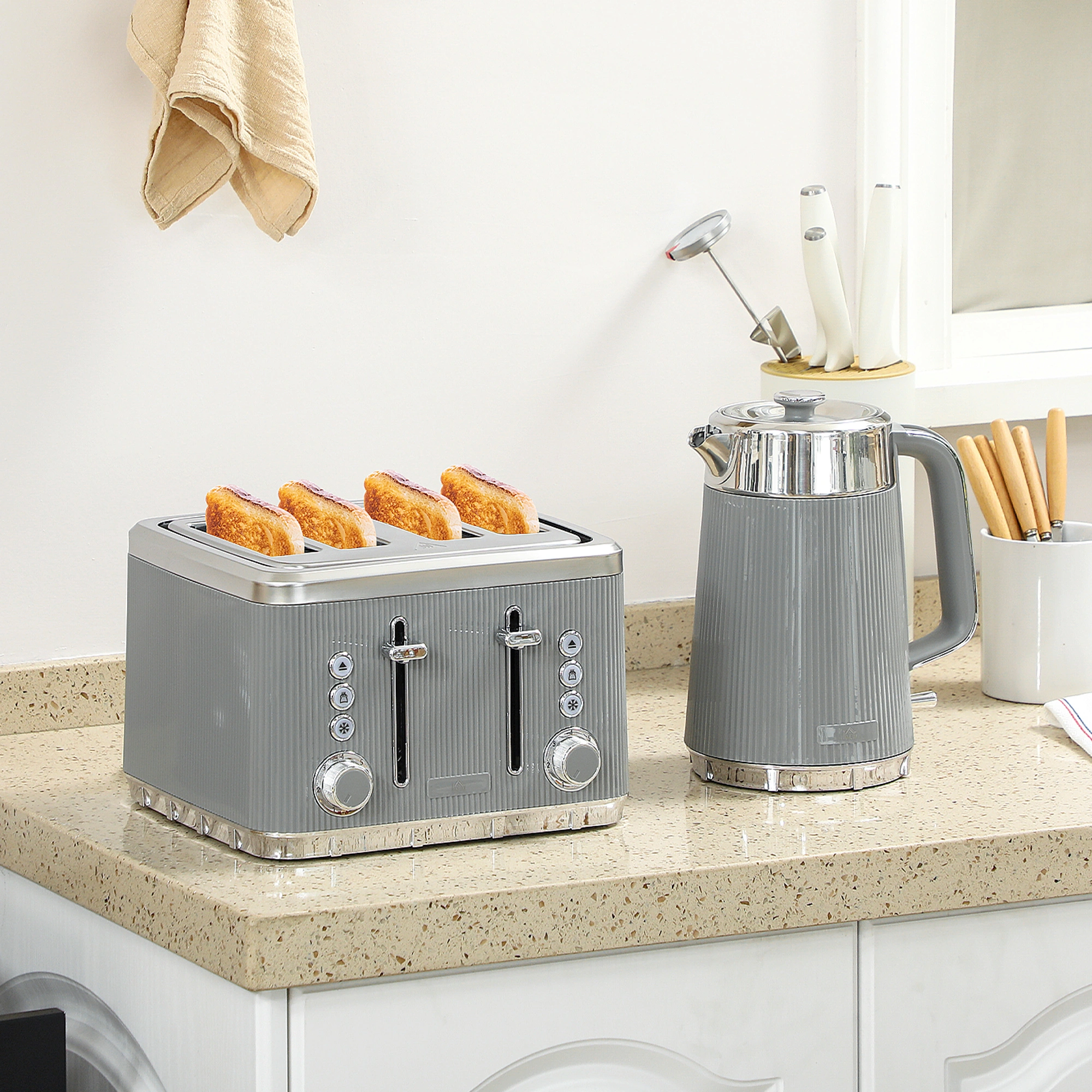 Stainless Steel Electric Kettle and Toaster Set - 2-in-1 Countertop Breakfast Appliance Combo