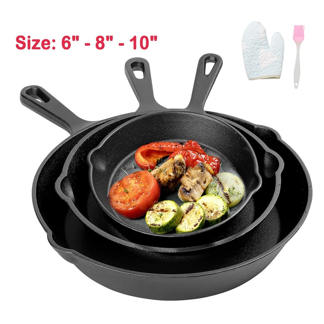 3 Pack Cast Iron Skillet Set, Non-Stick Seasoned Frying Pans & Griddle, Heavy Duty Cookware for Stovetop & Oven view 5