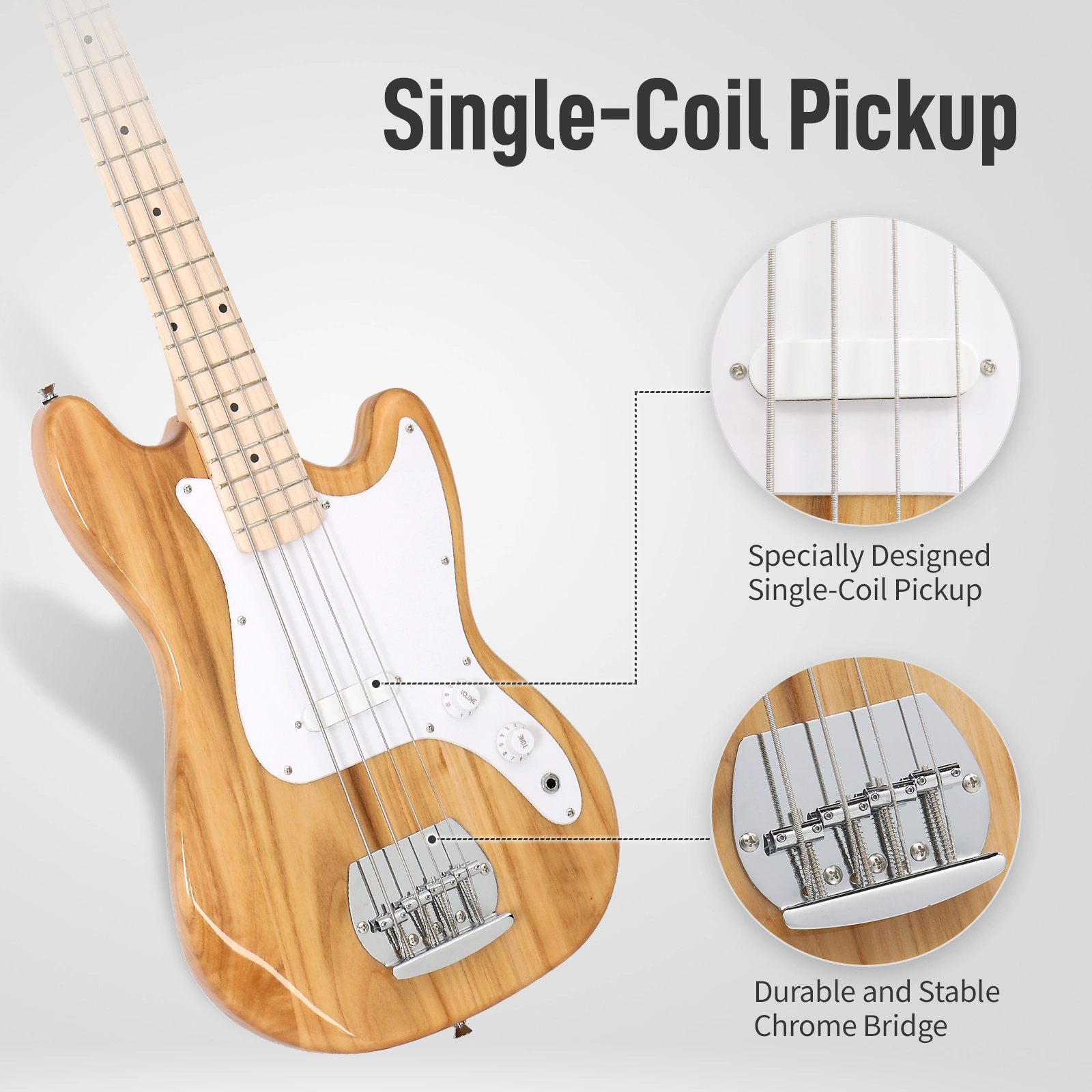 4 String 30in Short Scale Thin Body GB Electric Bass Guitar with Bag Strap Connector Wrench Tool Burlywood view 2