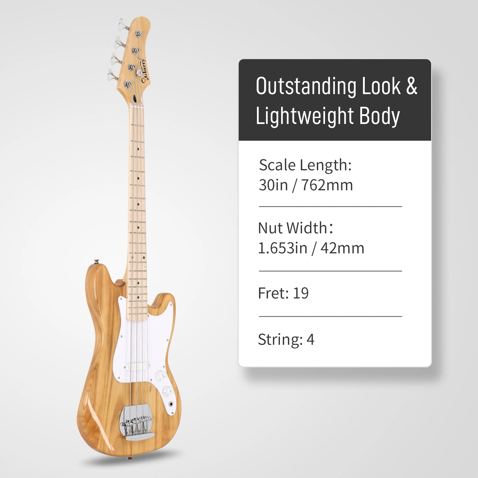 4 String 30in Short Scale Thin Body GB Electric Bass Guitar with Bag Strap Connector Wrench Tool Burlywood view 4