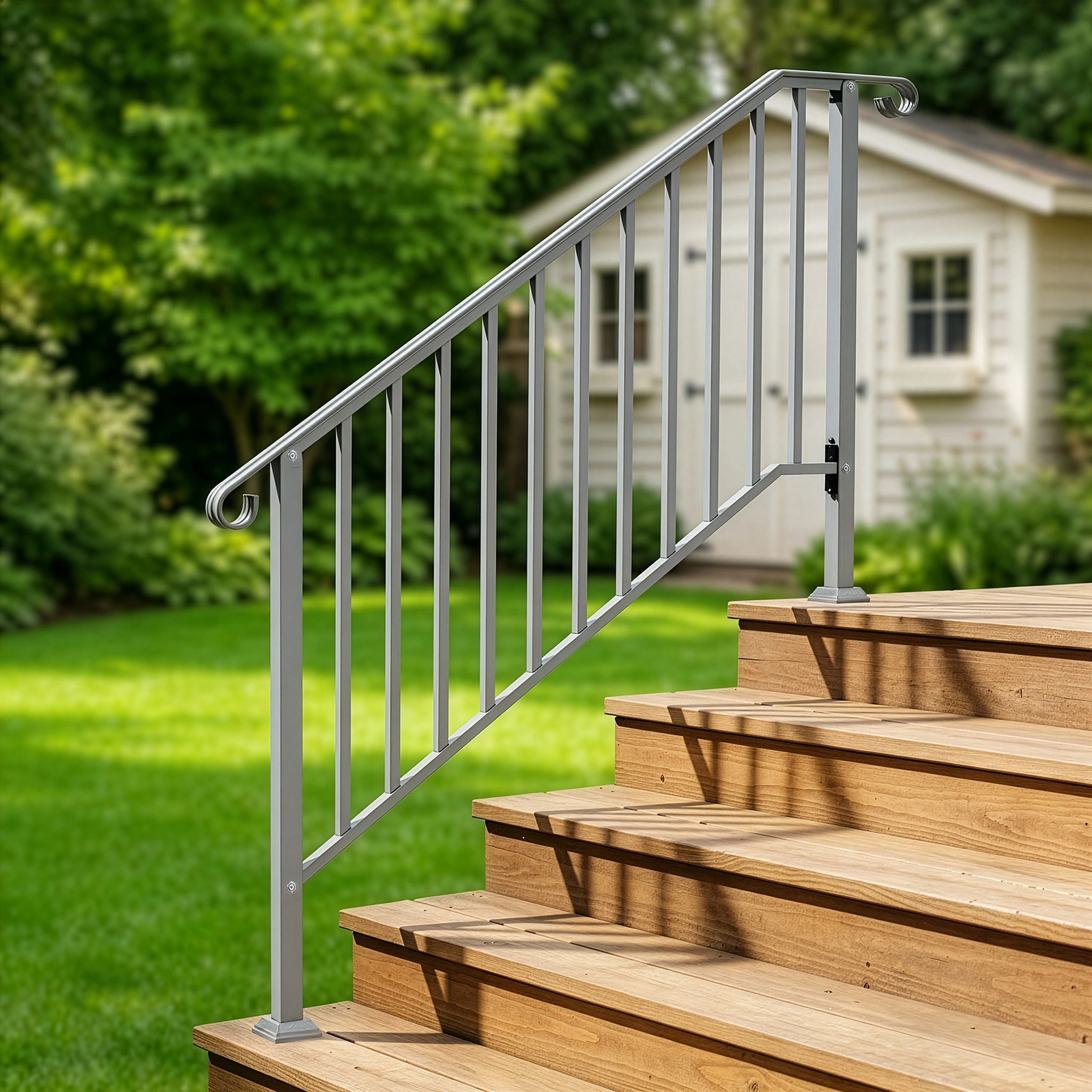 Handrails for Outdoor Steps, Iron Handrail Fits 4 Step, Transitional Handrail with Installation Kit, Silver view 11