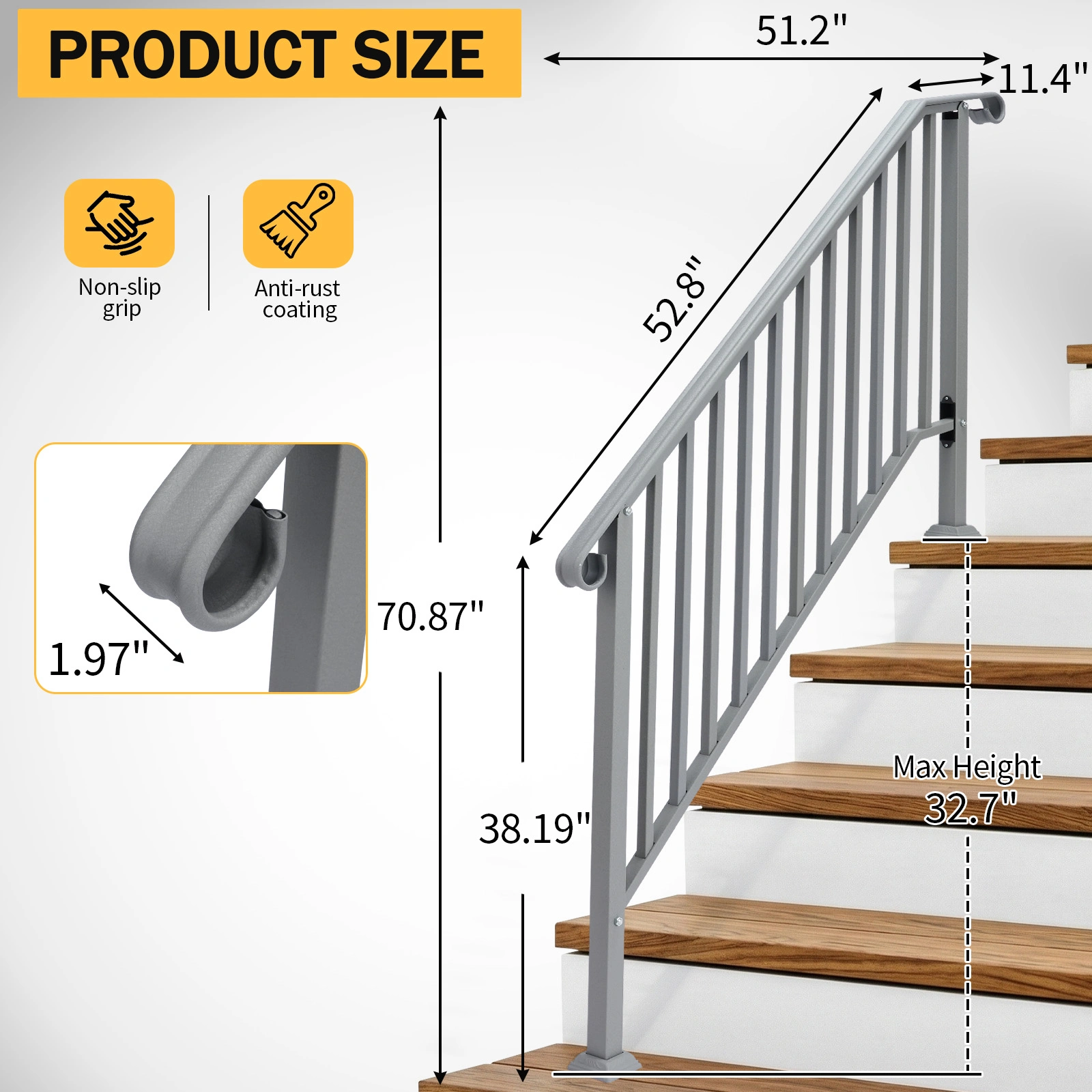 Handrails for Outdoor Steps, Iron Handrail Fits 4 Step, Transitional Handrail with Installation Kit, Silver view 8