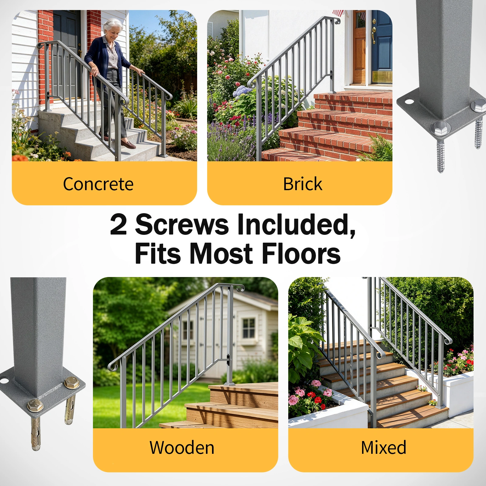 Handrails for Outdoor Steps, Iron Handrail Fits 4 Step, Transitional Handrail with Installation Kit, Silver view 9