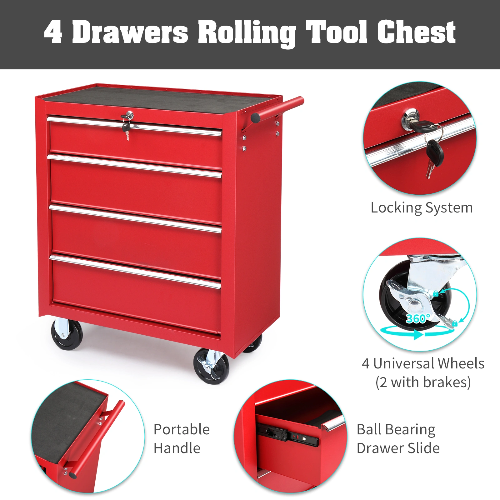 Red Steel Maintenance Tool Cart 4-Drawer Base Cabinet Single Unit 330lb Capacity view 11