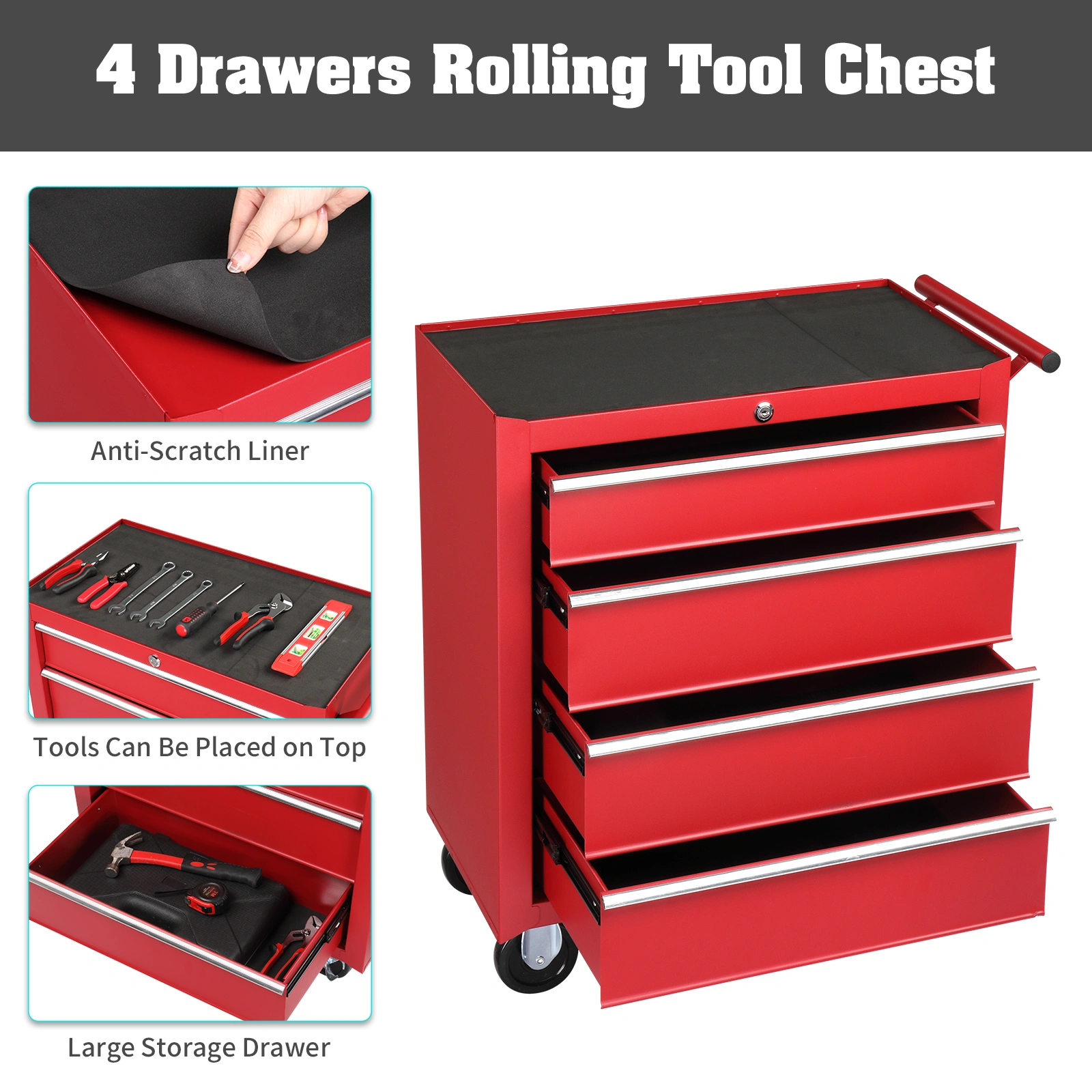 Red Steel Maintenance Tool Cart 4-Drawer Base Cabinet Single Unit 330lb Capacity view 12