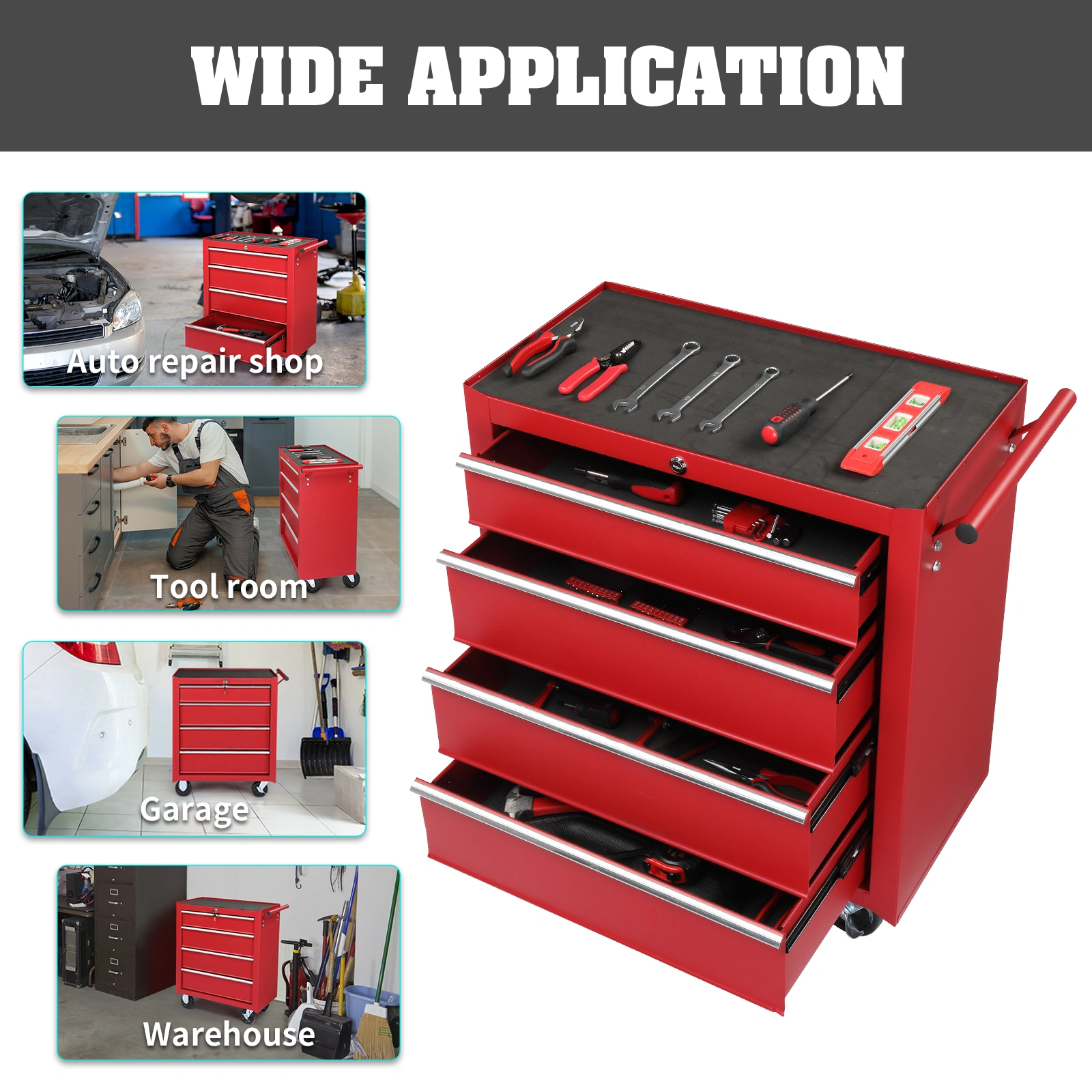 Red Steel Maintenance Tool Cart 4-Drawer Base Cabinet Single Unit 330lb Capacity view 13
