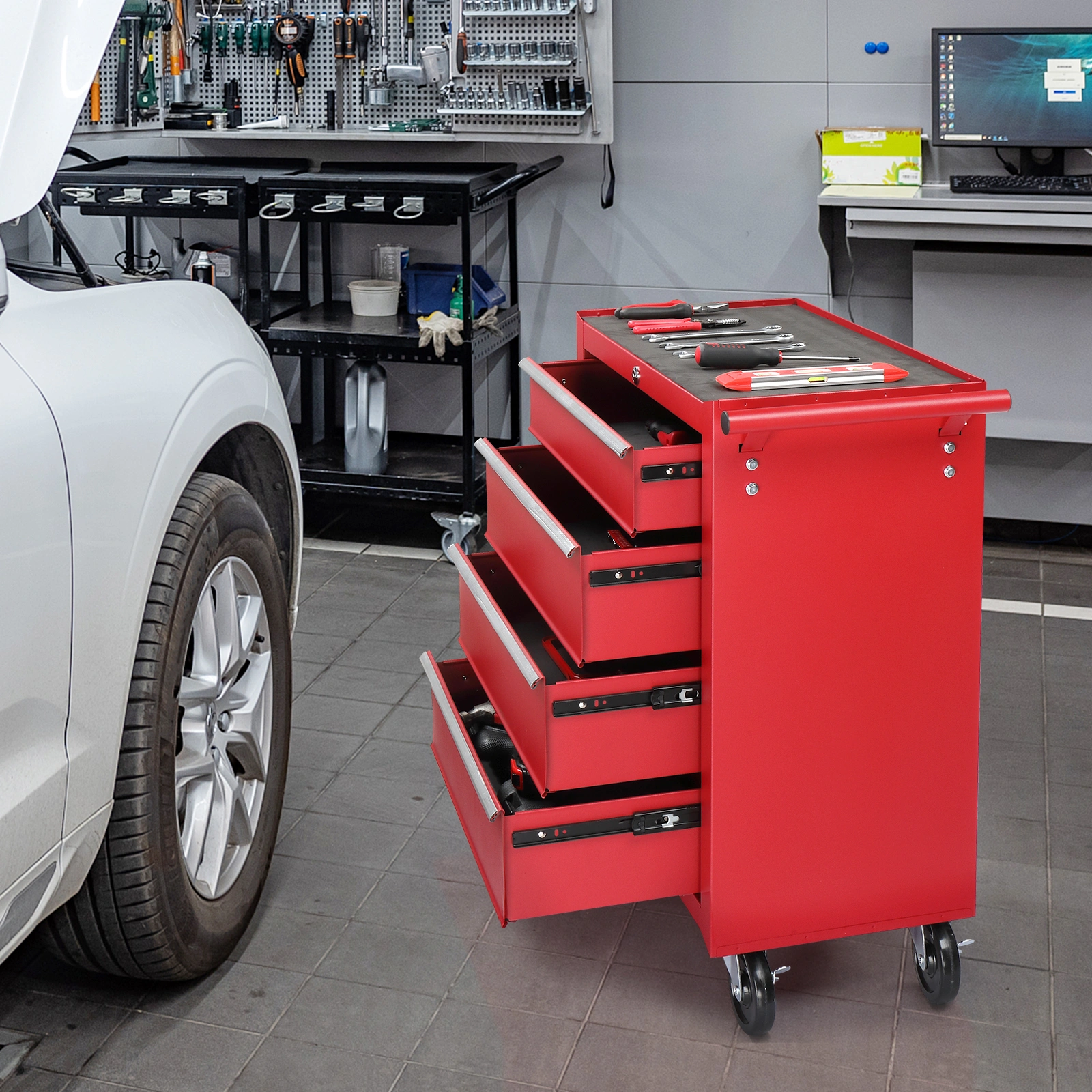 Red Steel Maintenance Tool Cart 4-Drawer Base Cabinet Single Unit 330lb Capacity view 7