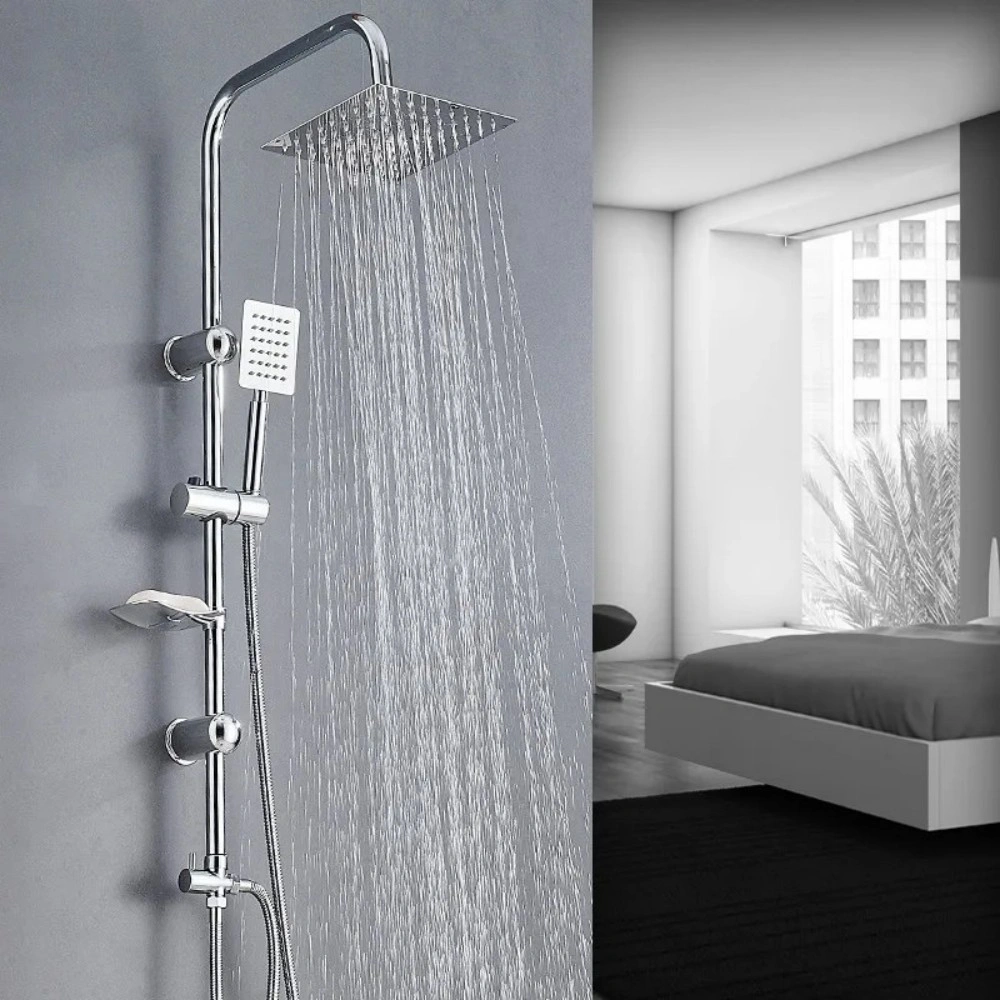 Square Fixed Riser Rail Shower Kit, Twin Head with Bath Mixer Tap for Bathroom