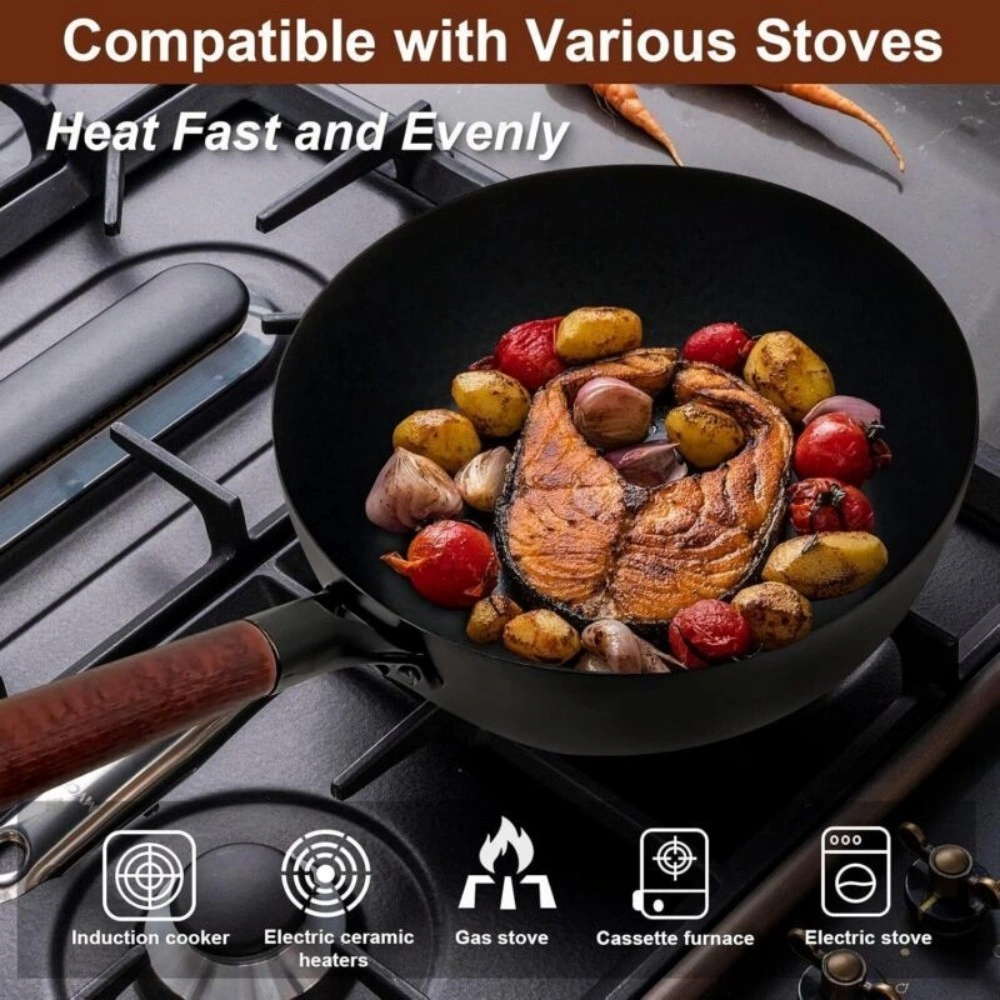 32cm Cast Iron Wok Pan, Non-Coated Pure Iron Stir Fry Pot for Gas Induction