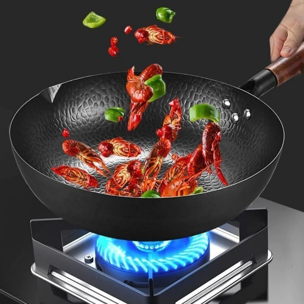 32cm Cast Iron Wok Pan, Non-Coated Pure Iron Stir Fry Pot for Gas Induction view 4