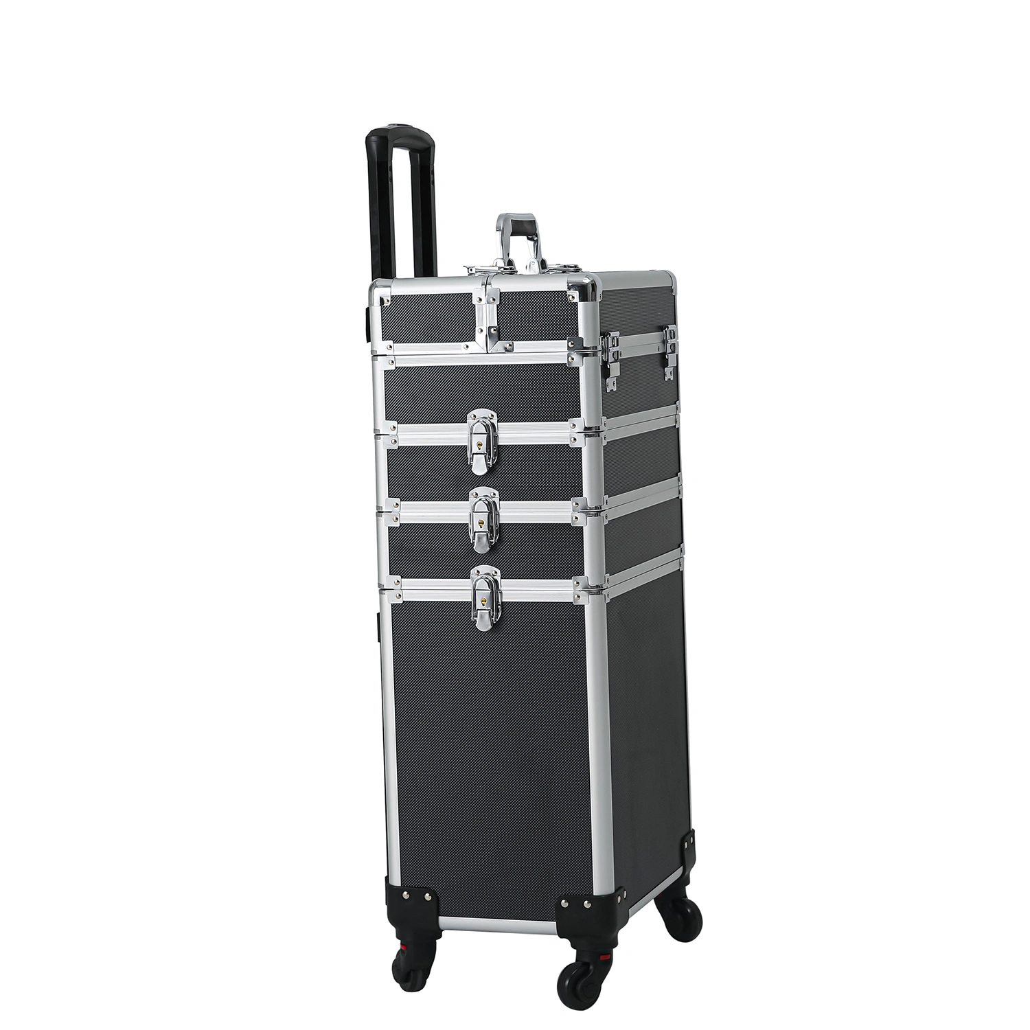 4-in-1 Aluminum Rolling Makeup Case, Draw-Bar Style Interchangeable Cosmetic Organizer, Black