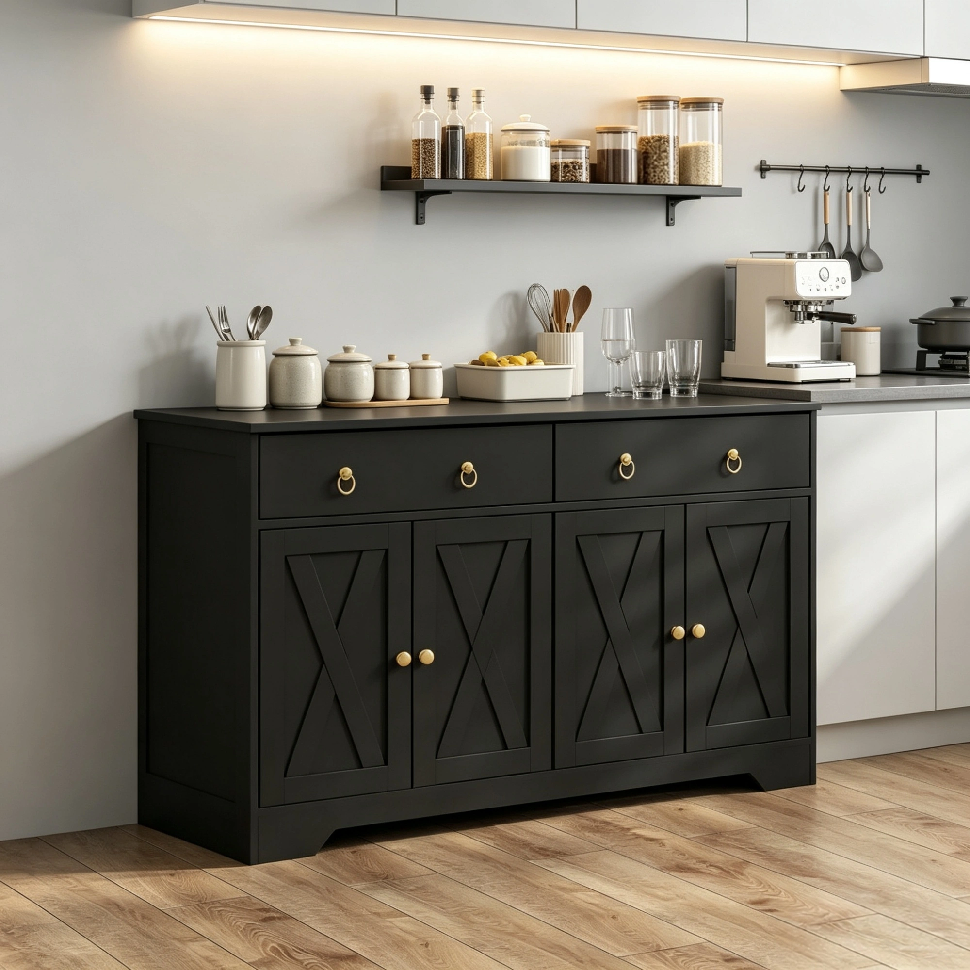 Black Farmhouse Buffet Cabinet, Kitchen Sideboard with Barn Style Doors, Drawers & Adjustable Shelves