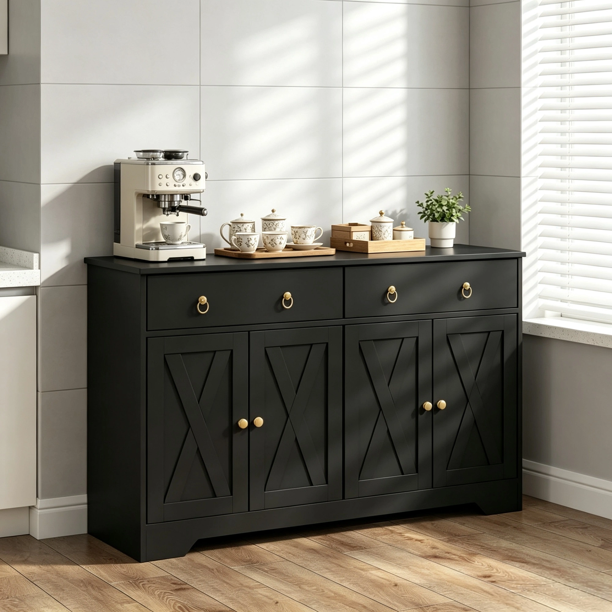 Black Farmhouse Buffet Cabinet, Kitchen Sideboard with Barn Style Doors, Drawers & Adjustable Shelves view 4