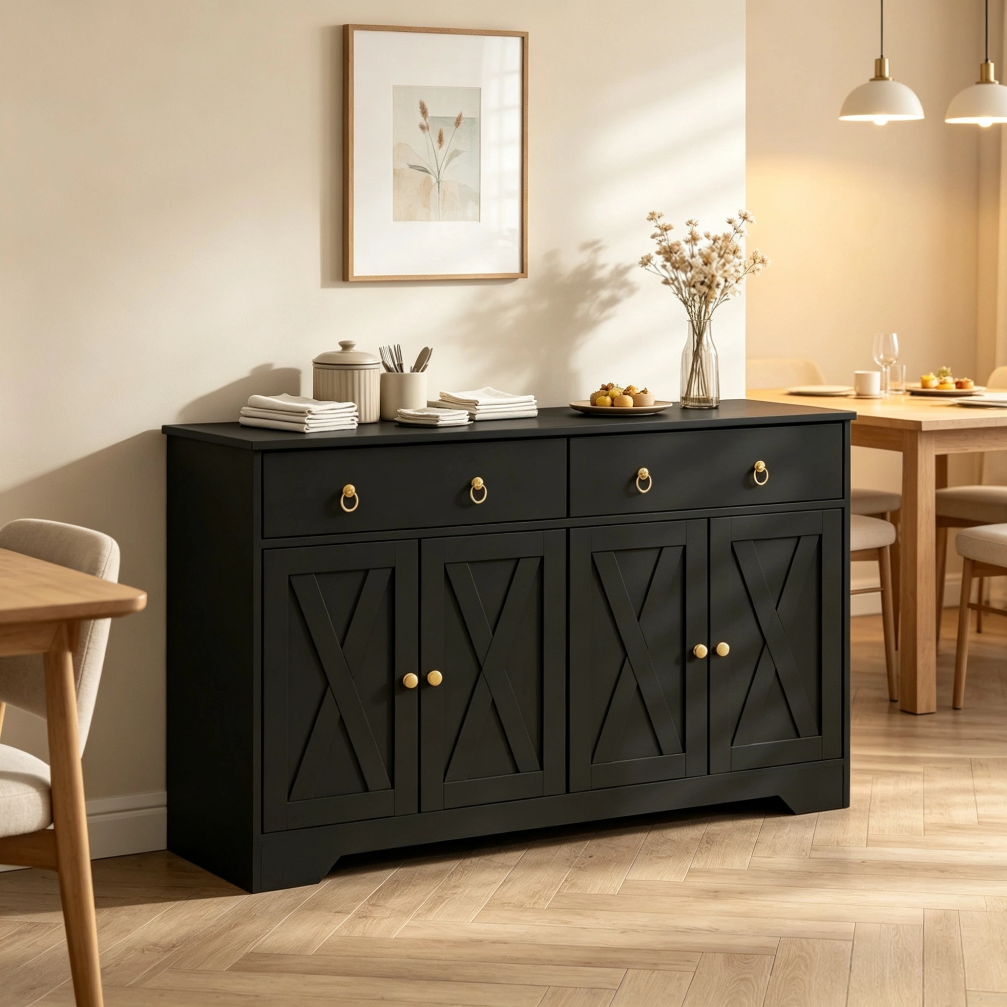 Black Farmhouse Buffet Cabinet, Kitchen Sideboard with Barn Style Doors, Drawers & Adjustable Shelves view 5