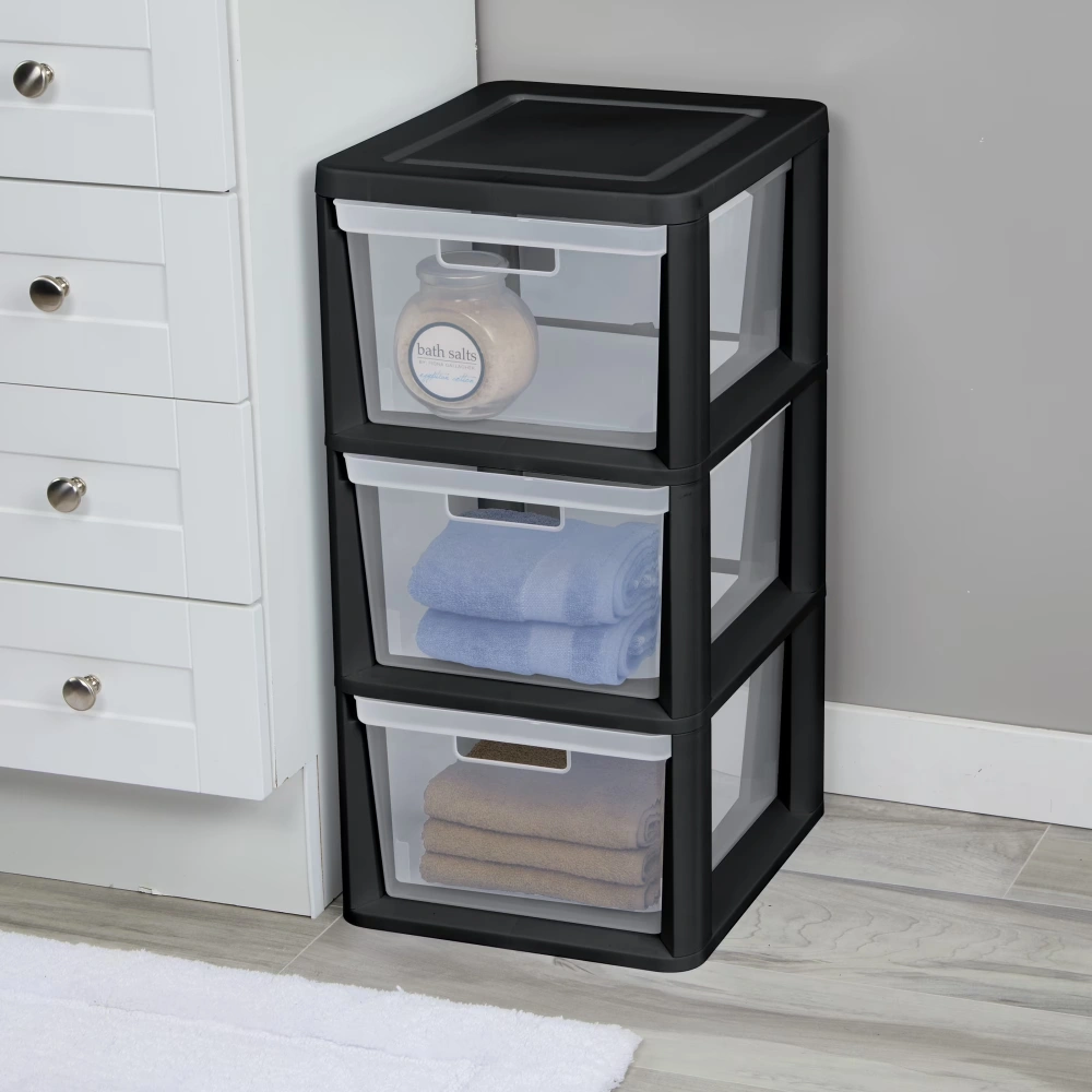 3 Drawer Tower, Plastic Storage Organizer with Removable Clear Bins, Easy to Assemble - No Tools Needed, Black (Shipment from Walmart) view 4