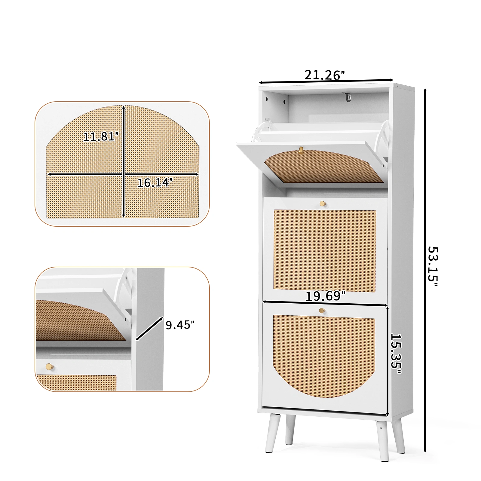 Rattan-fronted 3-tier shoe cabinet, particleboard, 54*24*135 cm, white view 5