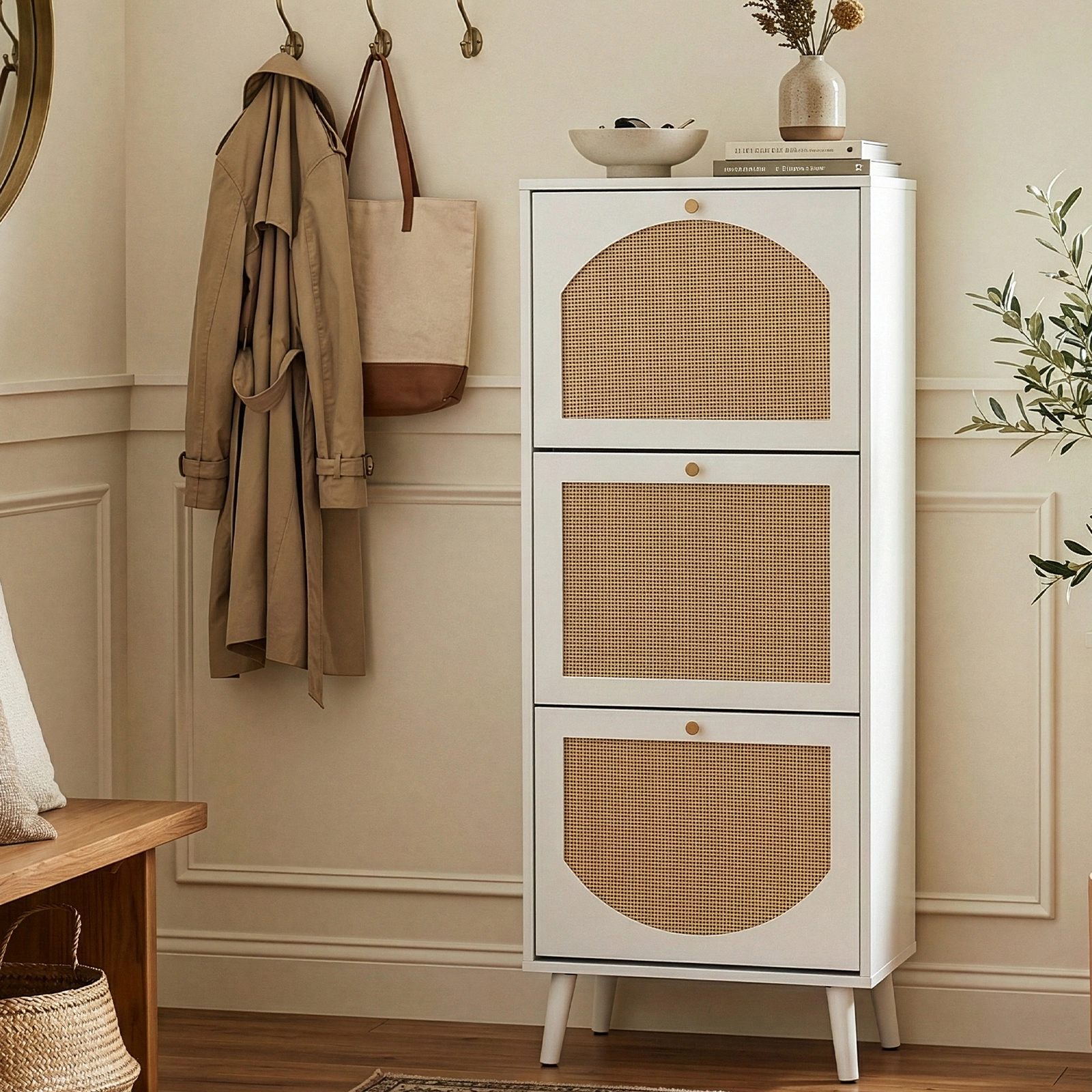 Rattan-fronted 3-tier shoe cabinet, particleboard, 54*24*135 cm, white view 9