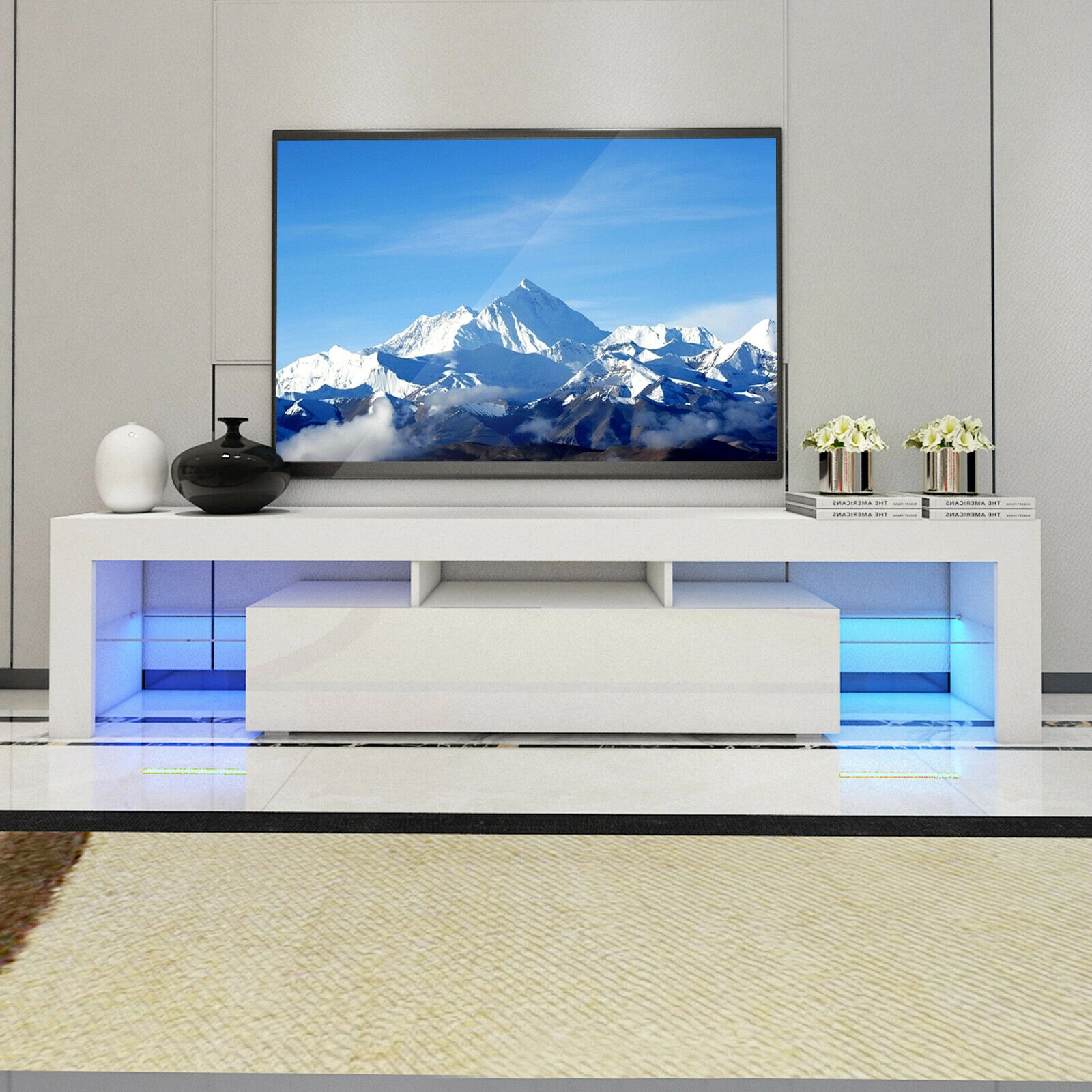 Modern 200cm LED TV Stand Cabinet Unit with High Gloss Door - White Entertainment Center