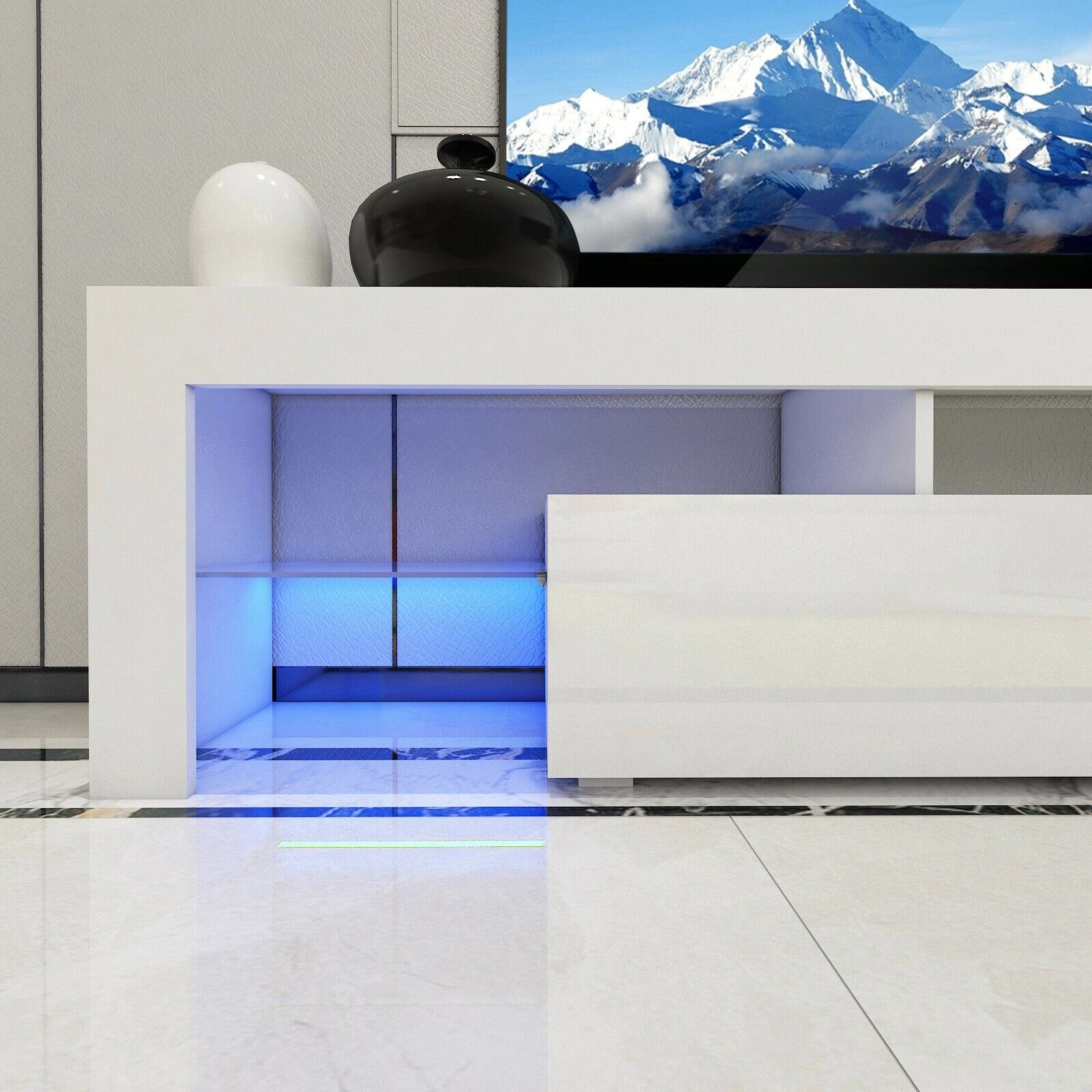 Modern 200cm LED TV Stand Cabinet Unit with High Gloss Door - White Entertainment Center view 2