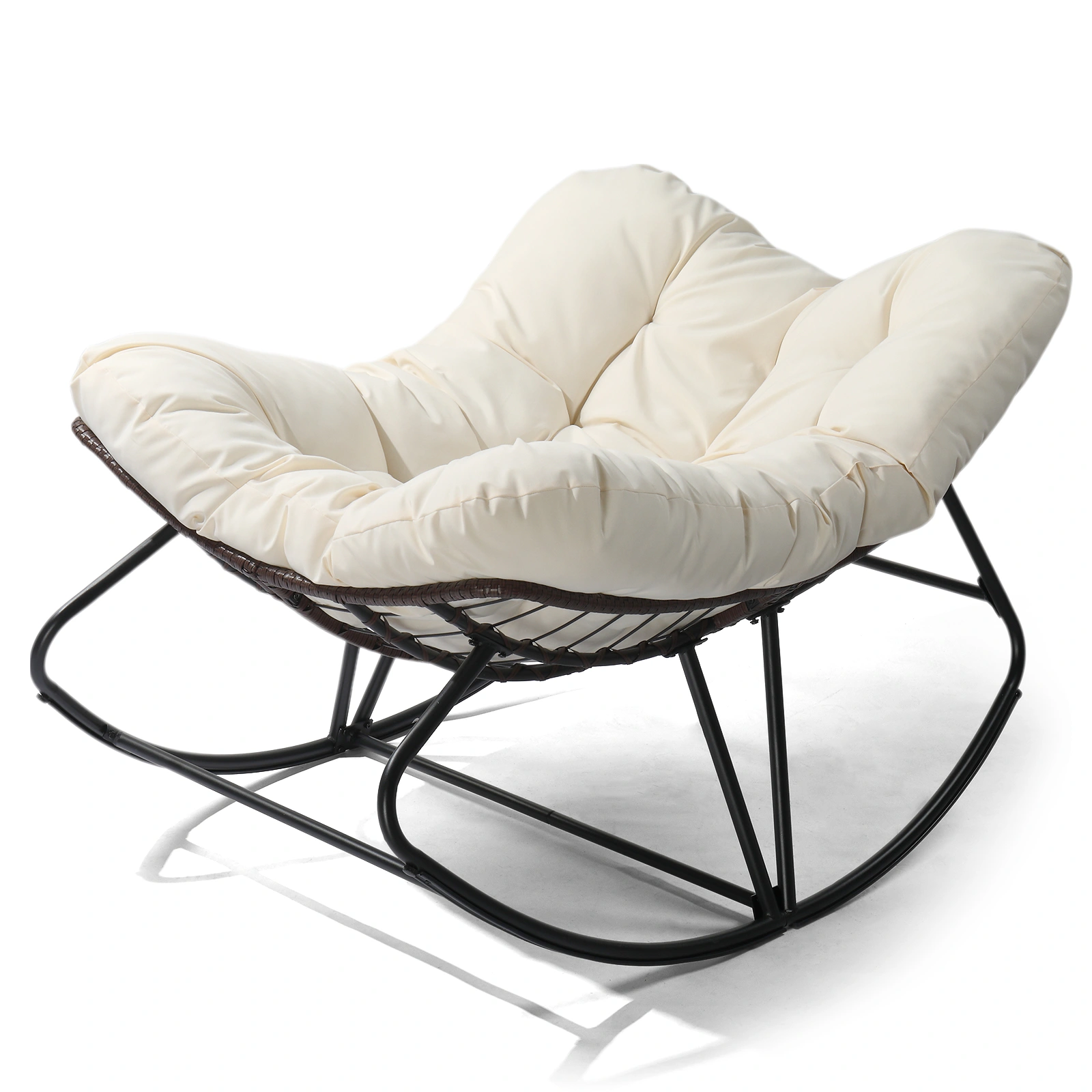 Oversized Beige Outdoor Rocking Chair, Patio Papasan Egg Rocker, Comfy Lounge Chair for Indoor Living Room, Porch, Garden, Backyard