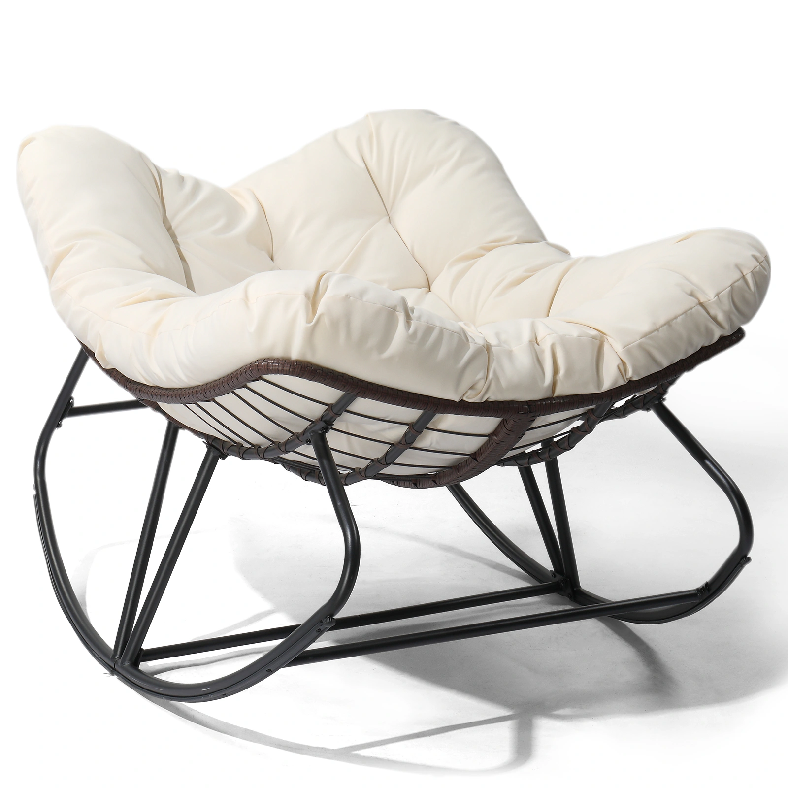 Oversized Beige Outdoor Rocking Chair, Patio Papasan Egg Rocker, Comfy Lounge Chair for Indoor Living Room, Porch, Garden, Backyard view 2