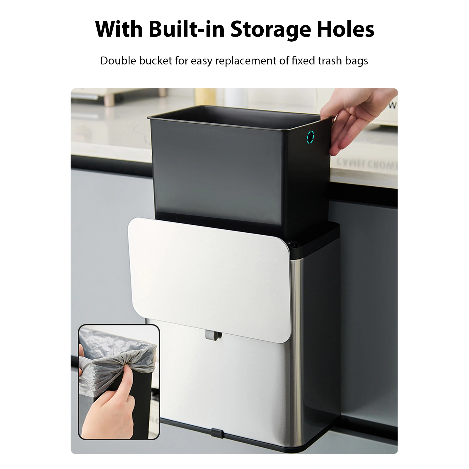 8L Stainless Steel Trash Can, Square Wall-Mounted Garbage Bin with Slide Lid for Kitchen, Home, Office & Bathroom view 2