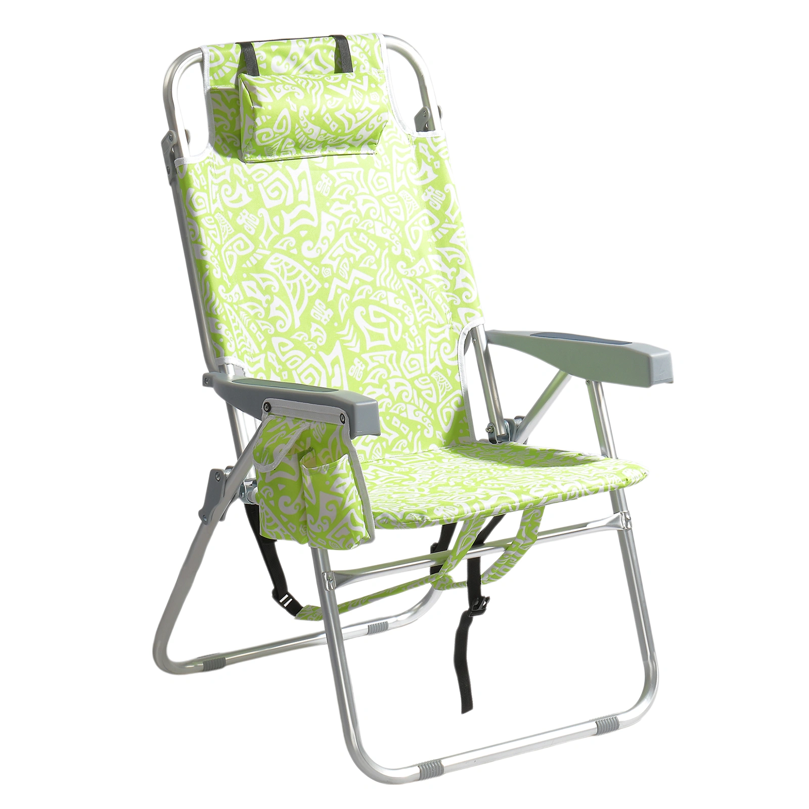 1 PCS Aluminum Beach Chair, 15 Inch Seat Height Yellow Tribal Pattern, 5-Position Adjustable Reclining Lounge Chair with Headrest, Shoulder Strap, 2-in-1 Fabric Cup Holder & Side Pocket, Back Cooler Bag, Integrated Oxford Fabric with Crossbar, 24.8x4