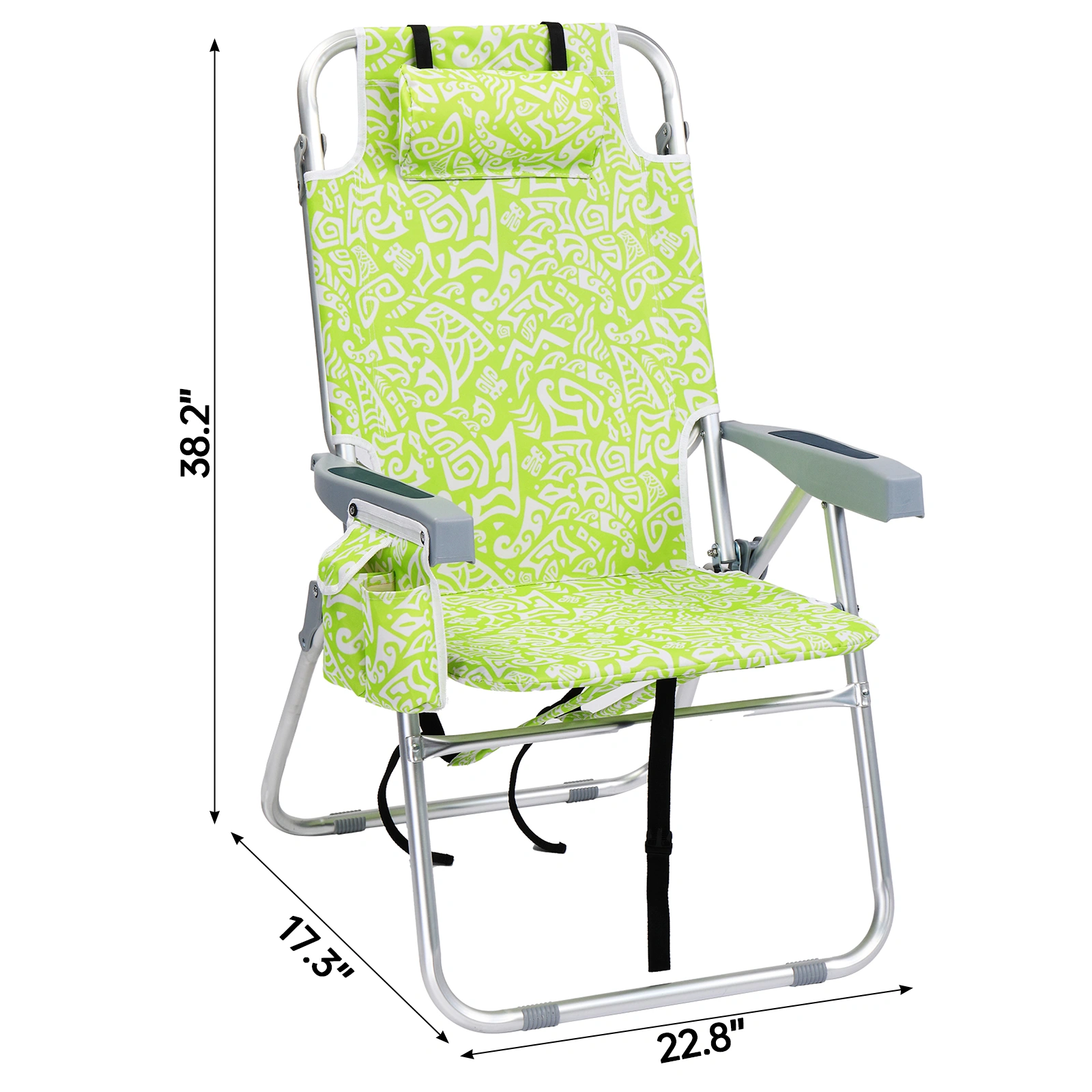 1 PCS Aluminum Beach Chair, 15 Inch Seat Height Yellow Tribal Pattern, 5-Position Adjustable Reclining Lounge Chair with Headrest, Shoulder Strap, 2-in-1 Fabric Cup Holder & Side Pocket, Back Cooler Bag, Integrated Oxford Fabric with Crossbar, 24.8x4 view 10