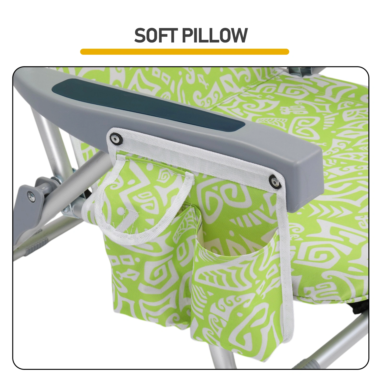 1 PCS Aluminum Beach Chair, 15 Inch Seat Height Yellow Tribal Pattern, 5-Position Adjustable Reclining Lounge Chair with Headrest, Shoulder Strap, 2-in-1 Fabric Cup Holder & Side Pocket, Back Cooler Bag, Integrated Oxford Fabric with Crossbar, 24.8x4 view 14