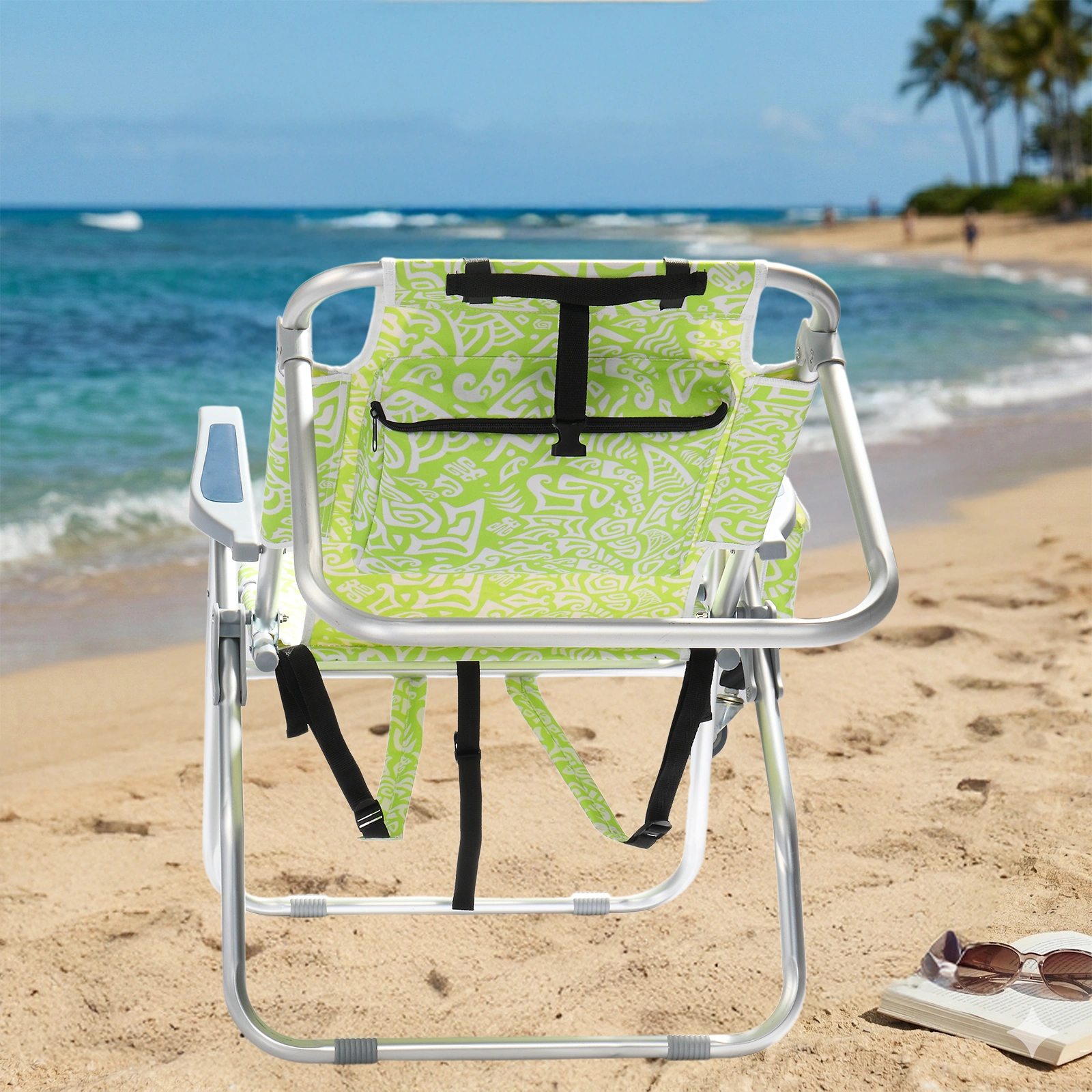 1 PCS Aluminum Beach Chair, 15 Inch Seat Height Yellow Tribal Pattern, 5-Position Adjustable Reclining Lounge Chair with Headrest, Shoulder Strap, 2-in-1 Fabric Cup Holder & Side Pocket, Back Cooler Bag, Integrated Oxford Fabric with Crossbar, 24.8x4 view 16
