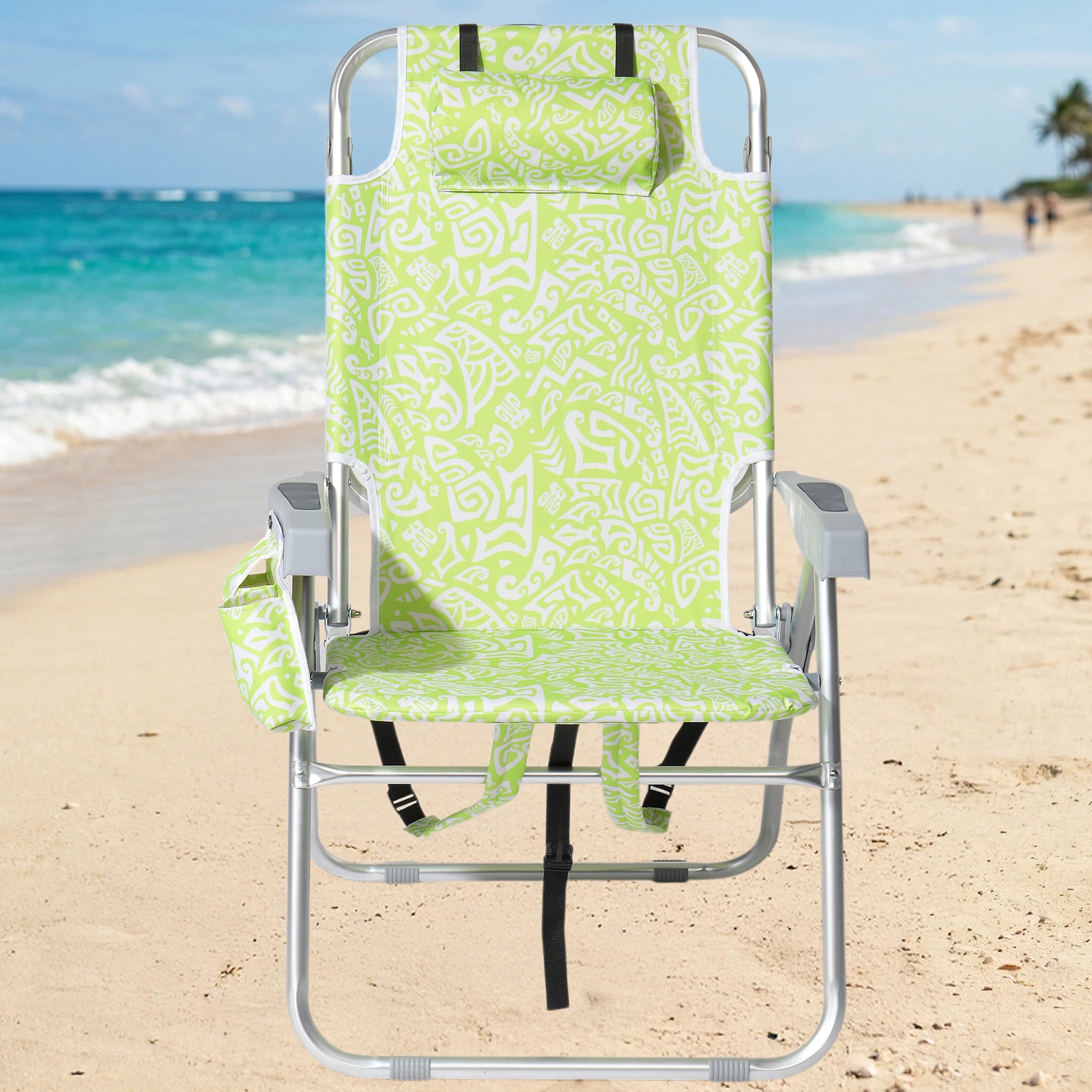 1 PCS Aluminum Beach Chair, 15 Inch Seat Height Yellow Tribal Pattern, 5-Position Adjustable Reclining Lounge Chair with Headrest, Shoulder Strap, 2-in-1 Fabric Cup Holder & Side Pocket, Back Cooler Bag, Integrated Oxford Fabric with Crossbar, 24.8x4 view 17