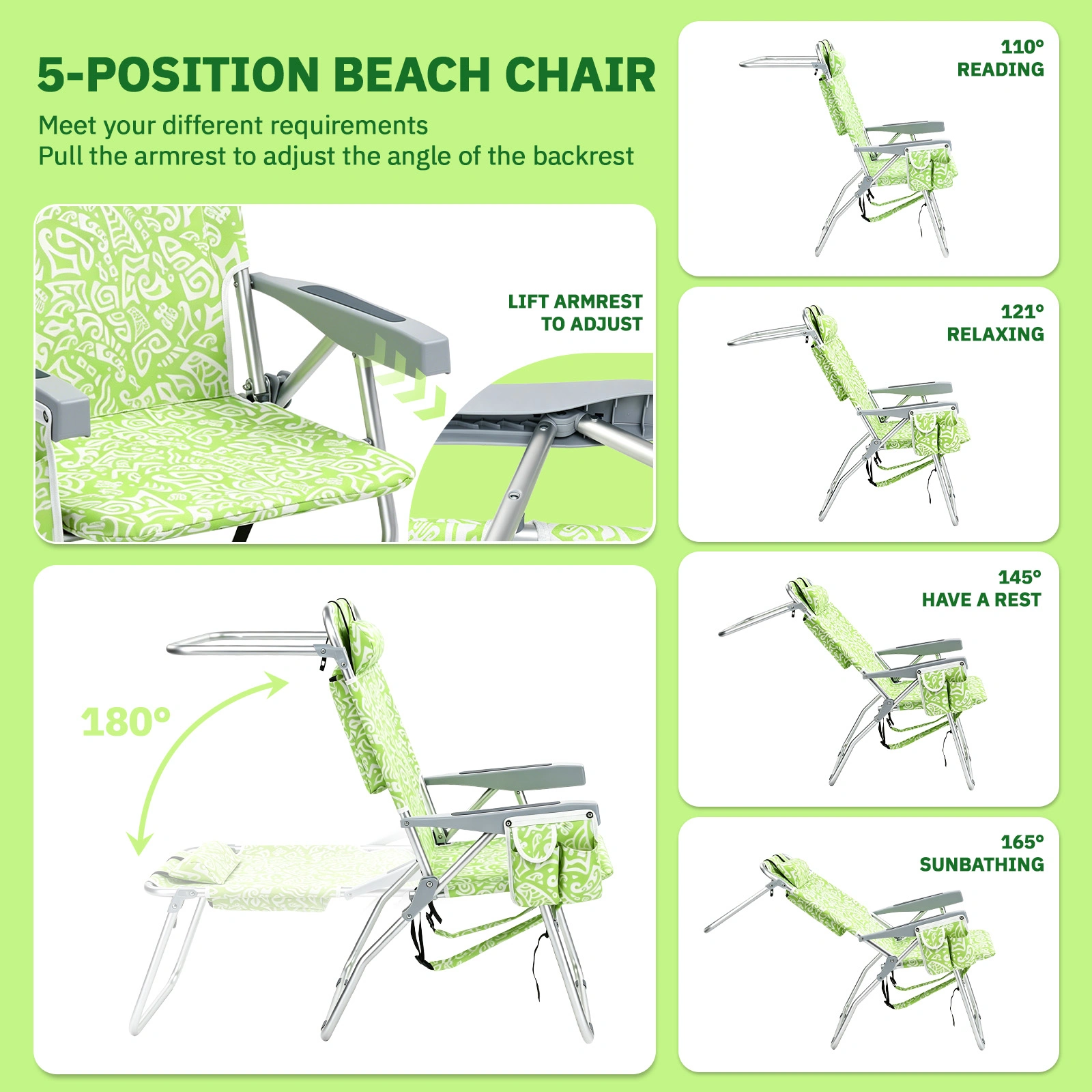 1 PCS Aluminum Beach Chair, 15 Inch Seat Height Yellow Tribal Pattern, 5-Position Adjustable Reclining Lounge Chair with Headrest, Shoulder Strap, 2-in-1 Fabric Cup Holder & Side Pocket, Back Cooler Bag, Integrated Oxford Fabric with Crossbar, 24.8x4 view 2