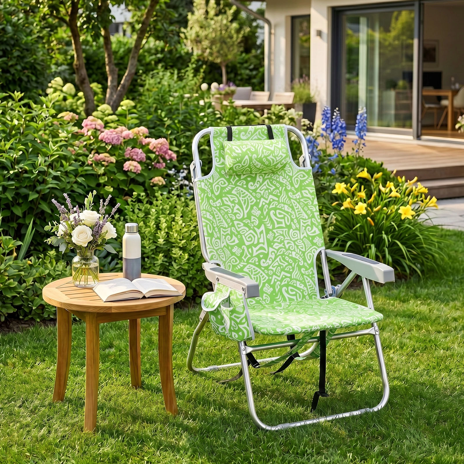 1 PCS Aluminum Beach Chair, 15 Inch Seat Height Yellow Tribal Pattern, 5-Position Adjustable Reclining Lounge Chair with Headrest, Shoulder Strap, 2-in-1 Fabric Cup Holder & Side Pocket, Back Cooler Bag, Integrated Oxford Fabric with Crossbar, 24.8x4 view 22