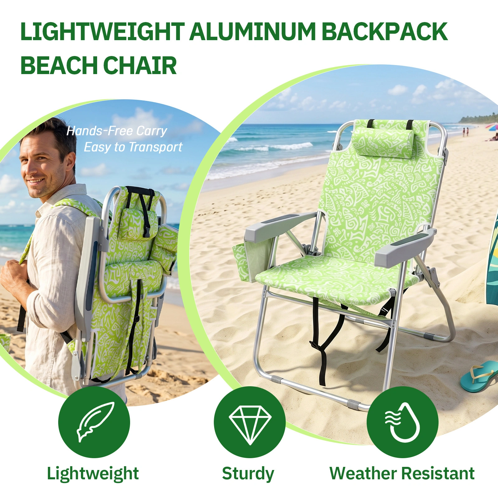 1 PCS Aluminum Beach Chair, 15 Inch Seat Height Yellow Tribal Pattern, 5-Position Adjustable Reclining Lounge Chair with Headrest, Shoulder Strap, 2-in-1 Fabric Cup Holder & Side Pocket, Back Cooler Bag, Integrated Oxford Fabric with Crossbar, 24.8x4 view 4