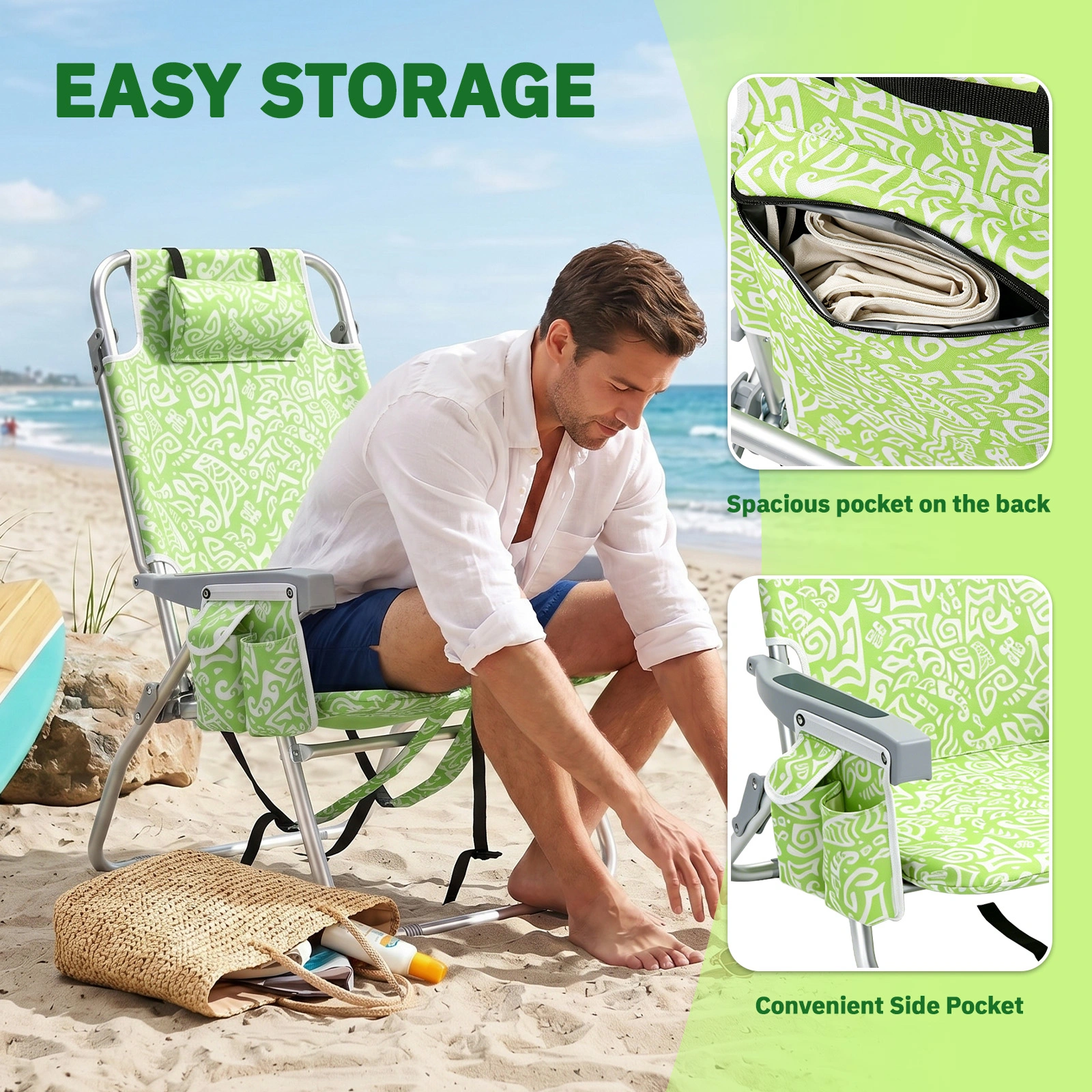 1 PCS Aluminum Beach Chair, 15 Inch Seat Height Yellow Tribal Pattern, 5-Position Adjustable Reclining Lounge Chair with Headrest, Shoulder Strap, 2-in-1 Fabric Cup Holder & Side Pocket, Back Cooler Bag, Integrated Oxford Fabric with Crossbar, 24.8x4 view 6