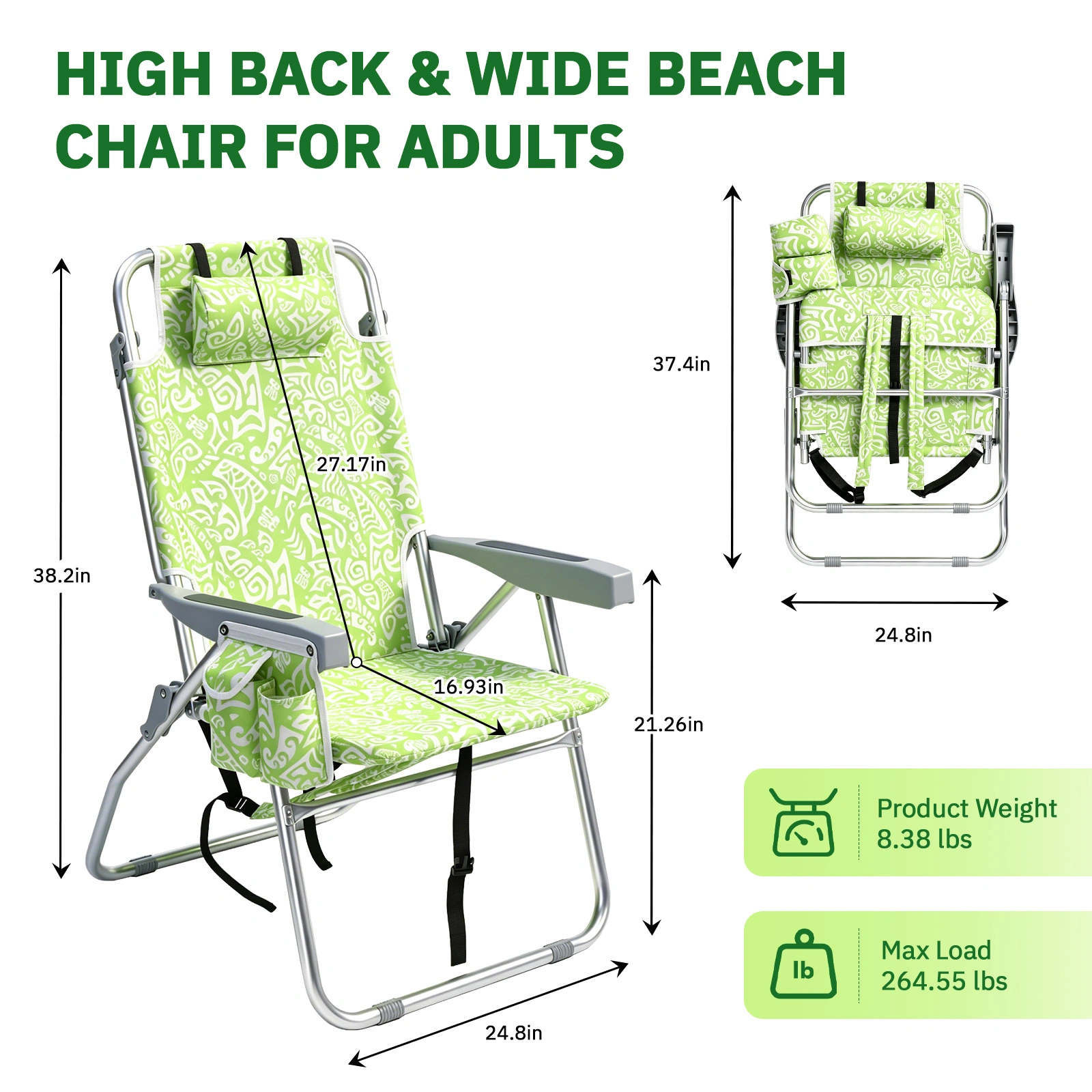 1 PCS Aluminum Beach Chair, 15 Inch Seat Height Yellow Tribal Pattern, 5-Position Adjustable Reclining Lounge Chair with Headrest, Shoulder Strap, 2-in-1 Fabric Cup Holder & Side Pocket, Back Cooler Bag, Integrated Oxford Fabric with Crossbar, 24.8x4 view 7