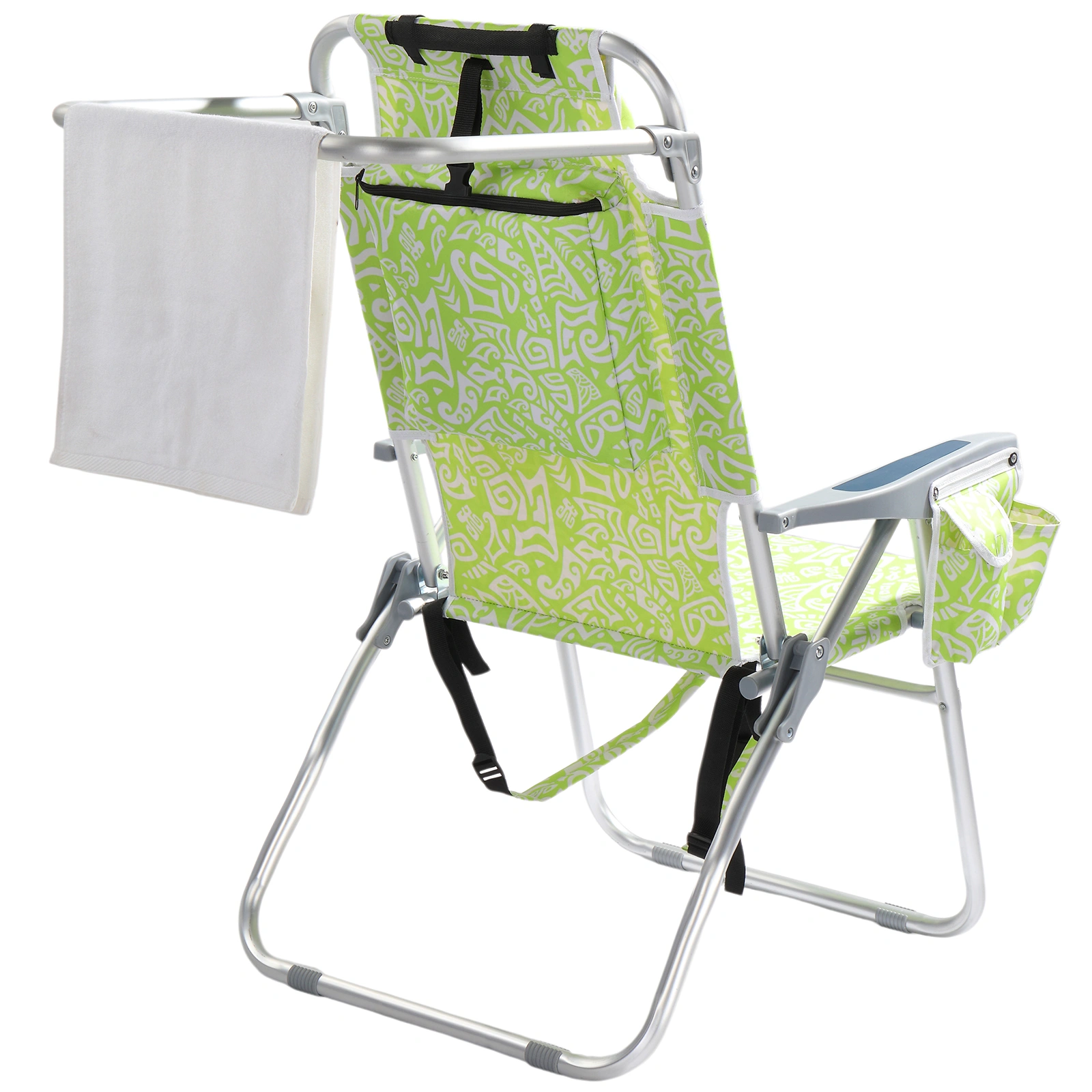 1 PCS Aluminum Beach Chair, 15 Inch Seat Height Yellow Tribal Pattern, 5-Position Adjustable Reclining Lounge Chair with Headrest, Shoulder Strap, 2-in-1 Fabric Cup Holder & Side Pocket, Back Cooler Bag, Integrated Oxford Fabric with Crossbar, 24.8x4 view 9