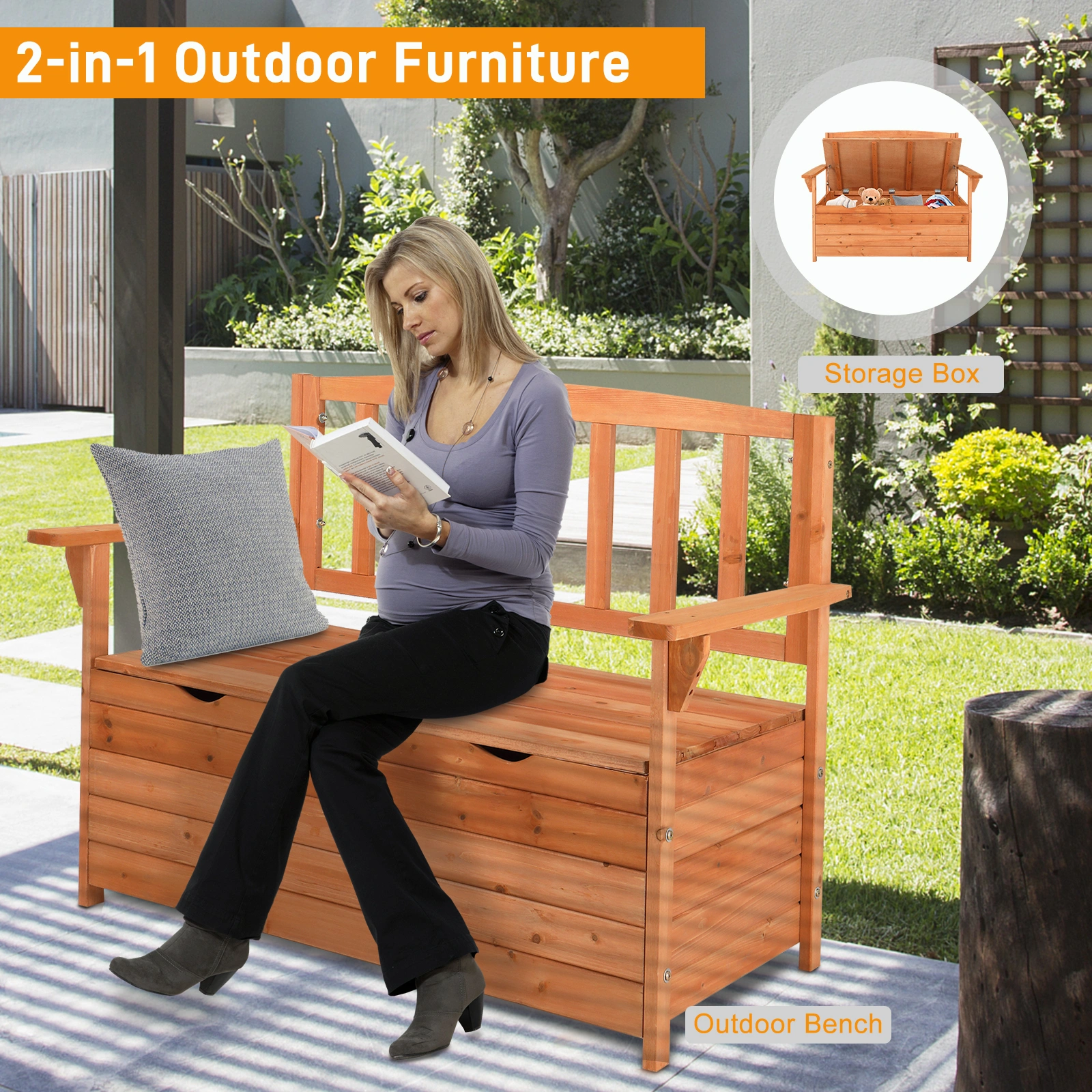 112 * 58 * 84cm Cedar Yard Storage Box With Backrest Armrest Bright Orange Red view 11
