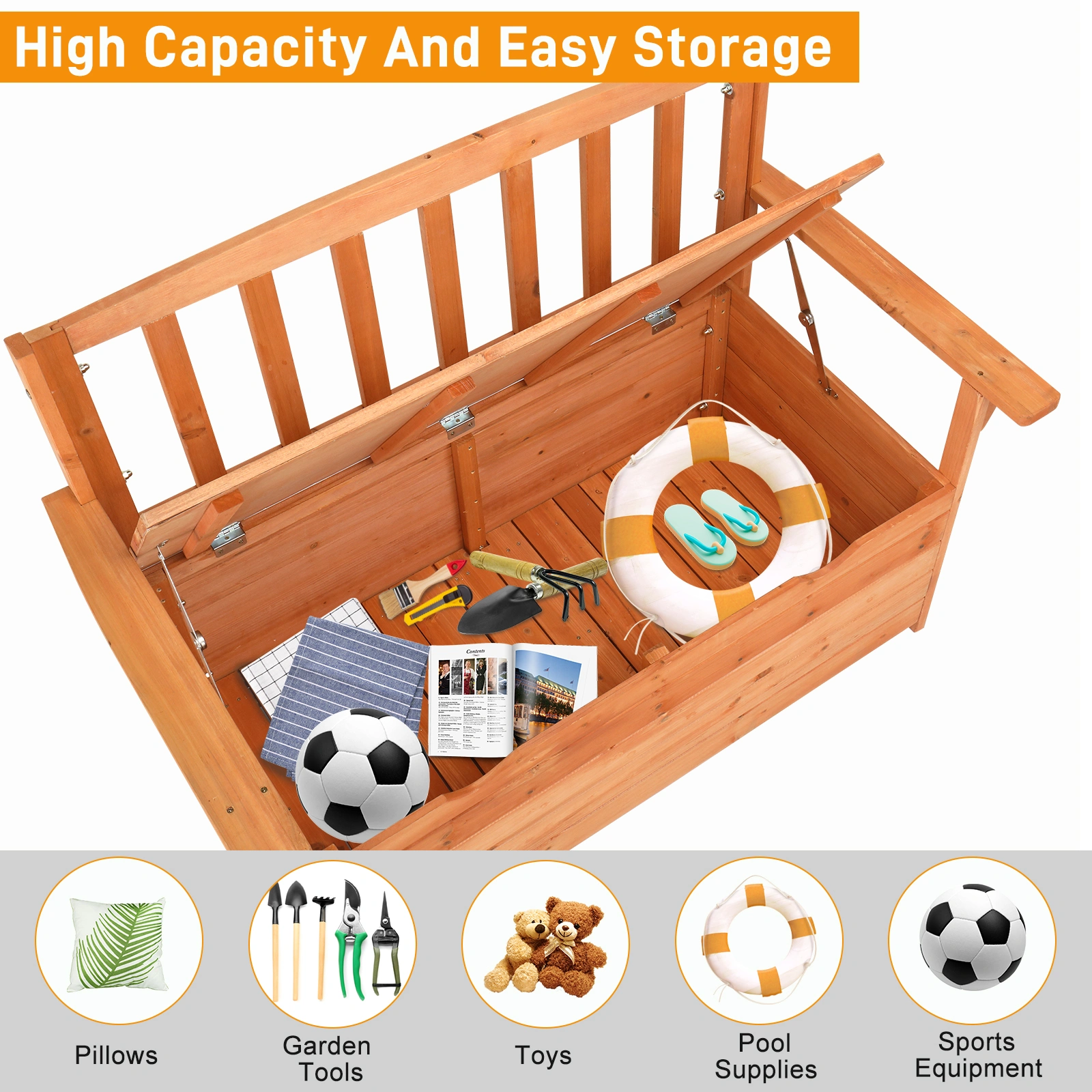 112 * 58 * 84cm Cedar Yard Storage Box With Backrest Armrest Bright Orange Red view 13