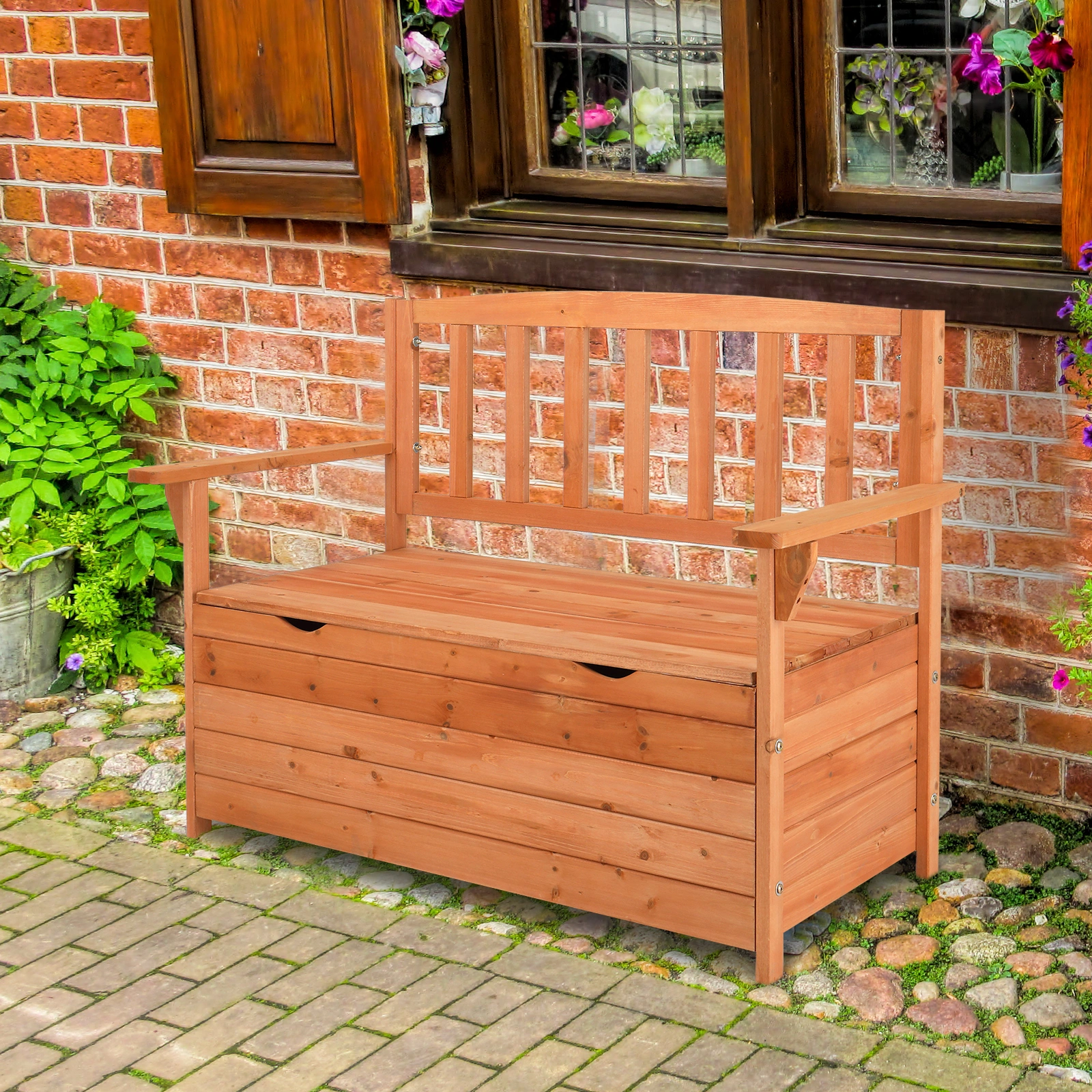 112 * 58 * 84cm Cedar Yard Storage Box With Backrest Armrest Bright Orange Red view 16