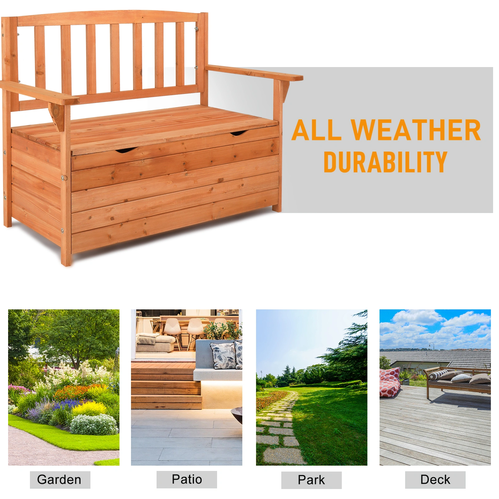 112 * 58 * 84cm Cedar Yard Storage Box With Backrest Armrest Bright Orange Red view 8