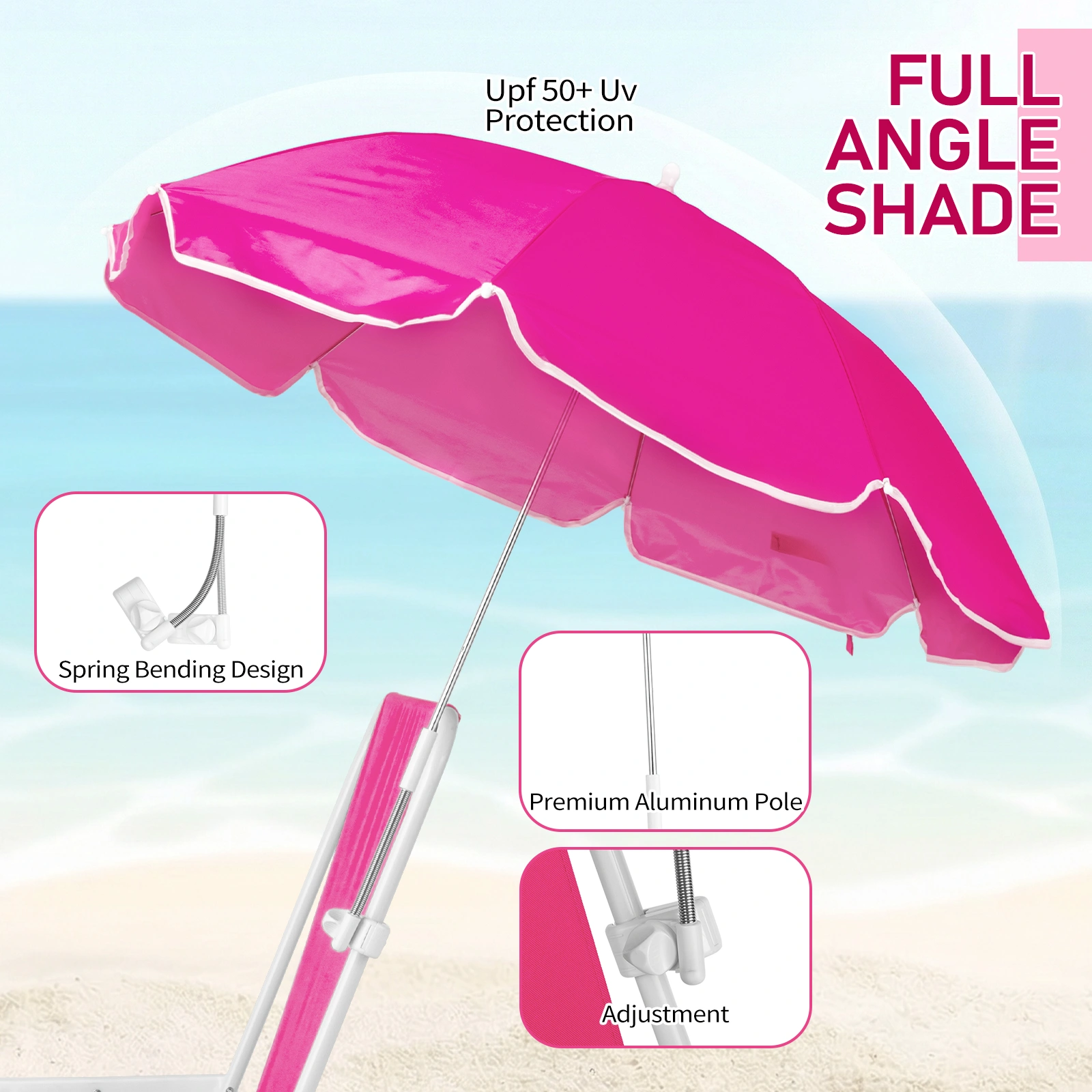 1 Pack Folding Beach Chair with Umbrella, XL Size, 15" Seat Height, Barbie Pink, Steel Spring Chair with Cross Bar, Oxford Cloth, 120kg Capacity view 14