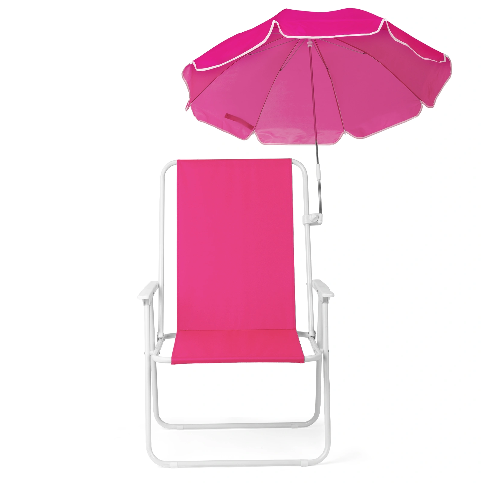 1 Pack Folding Beach Chair with Umbrella, XL Size, 15" Seat Height, Barbie Pink, Steel Spring Chair with Cross Bar, Oxford Cloth, 120kg Capacity view 2