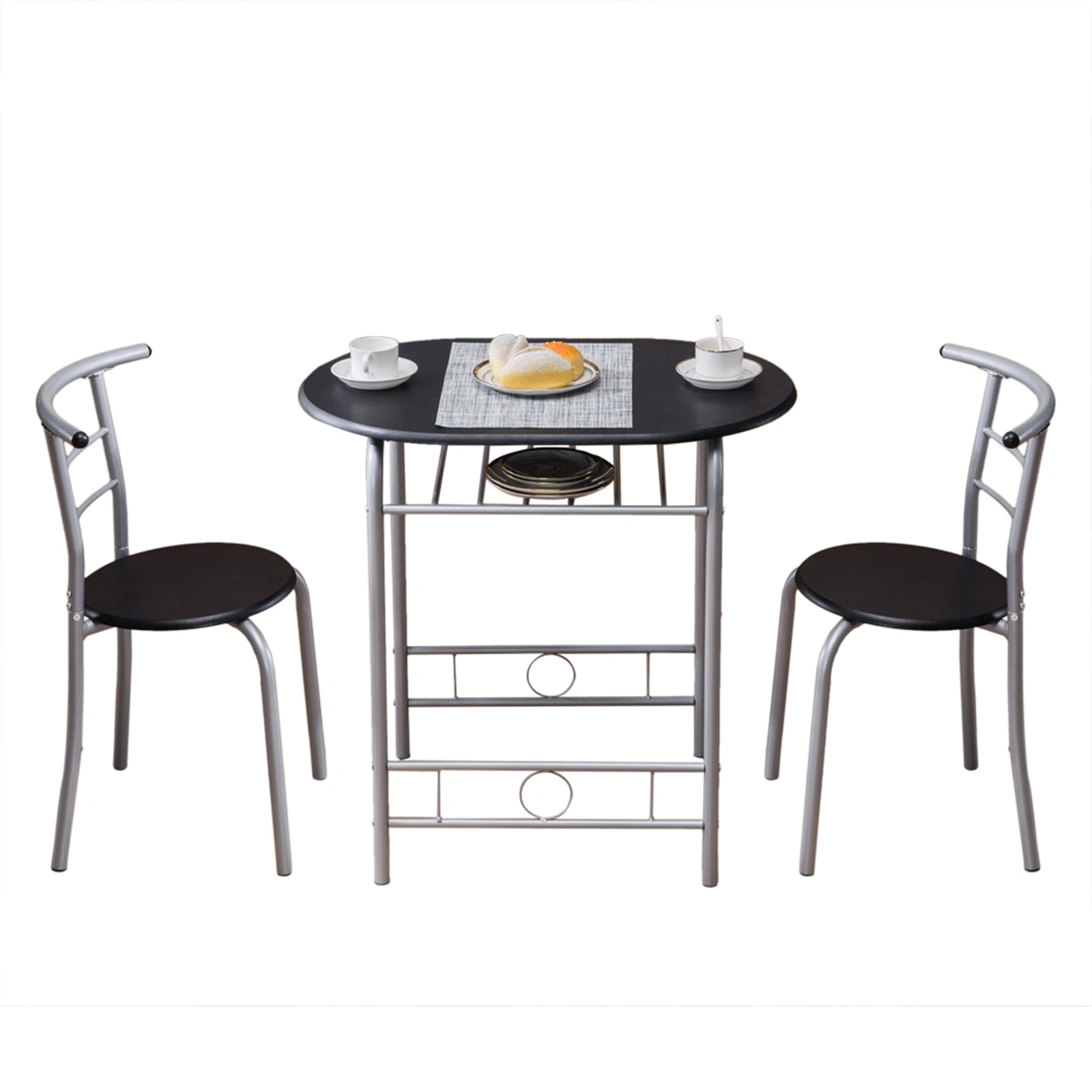 Black PVC Breakfast Table Set with 2 Chairs, Space-Saving Kitchen Dining Table