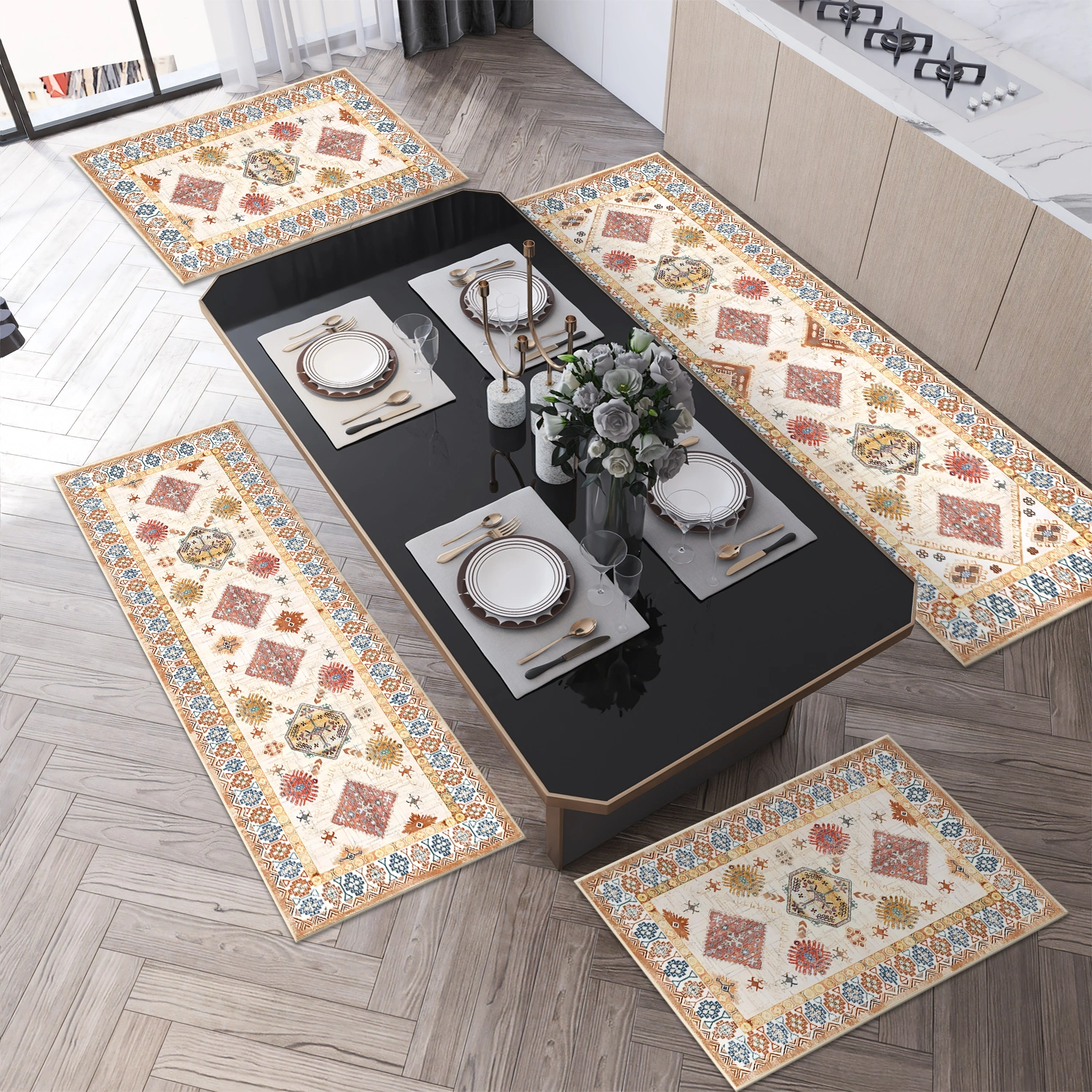 Boho Kitchen Rug Sets 4 Piece with Runner Non Slip Kitchen Rugs and Mats Washable Kitchen Mats for Floor Thick Kitchen Floor Mat Carpet Runner Rugs for Hallway Laundry Holiday Decor view 8