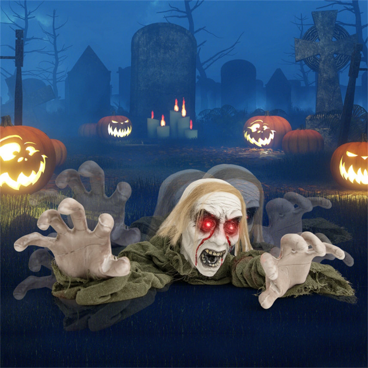 Halloween Zombie Decorations with Sparkling LED Eyes & Spooky Sound Effects - Animated Yard Scare for Haunted House Party Props view 3